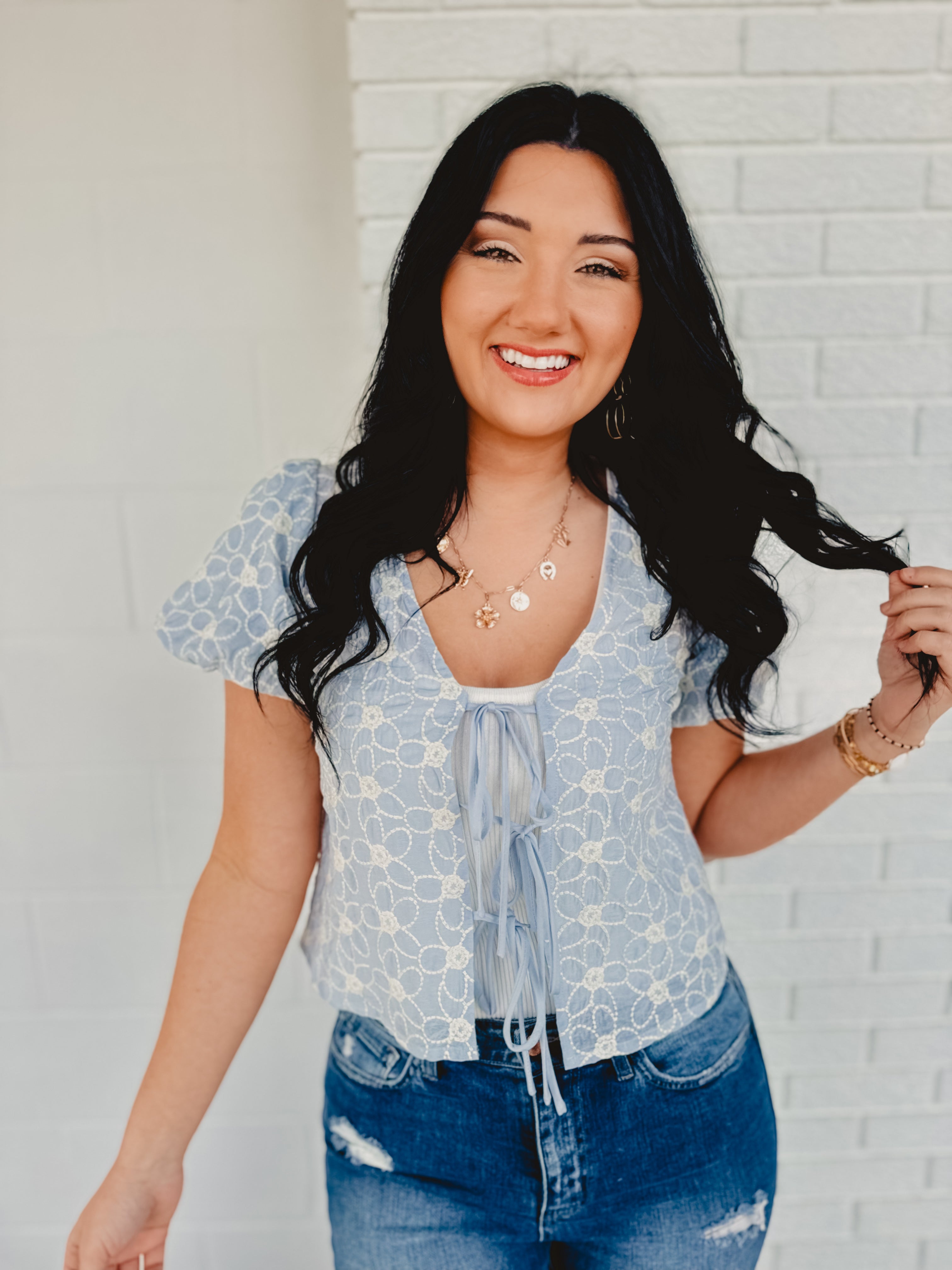 Tie Front Embroidered Top - Ice Blue
