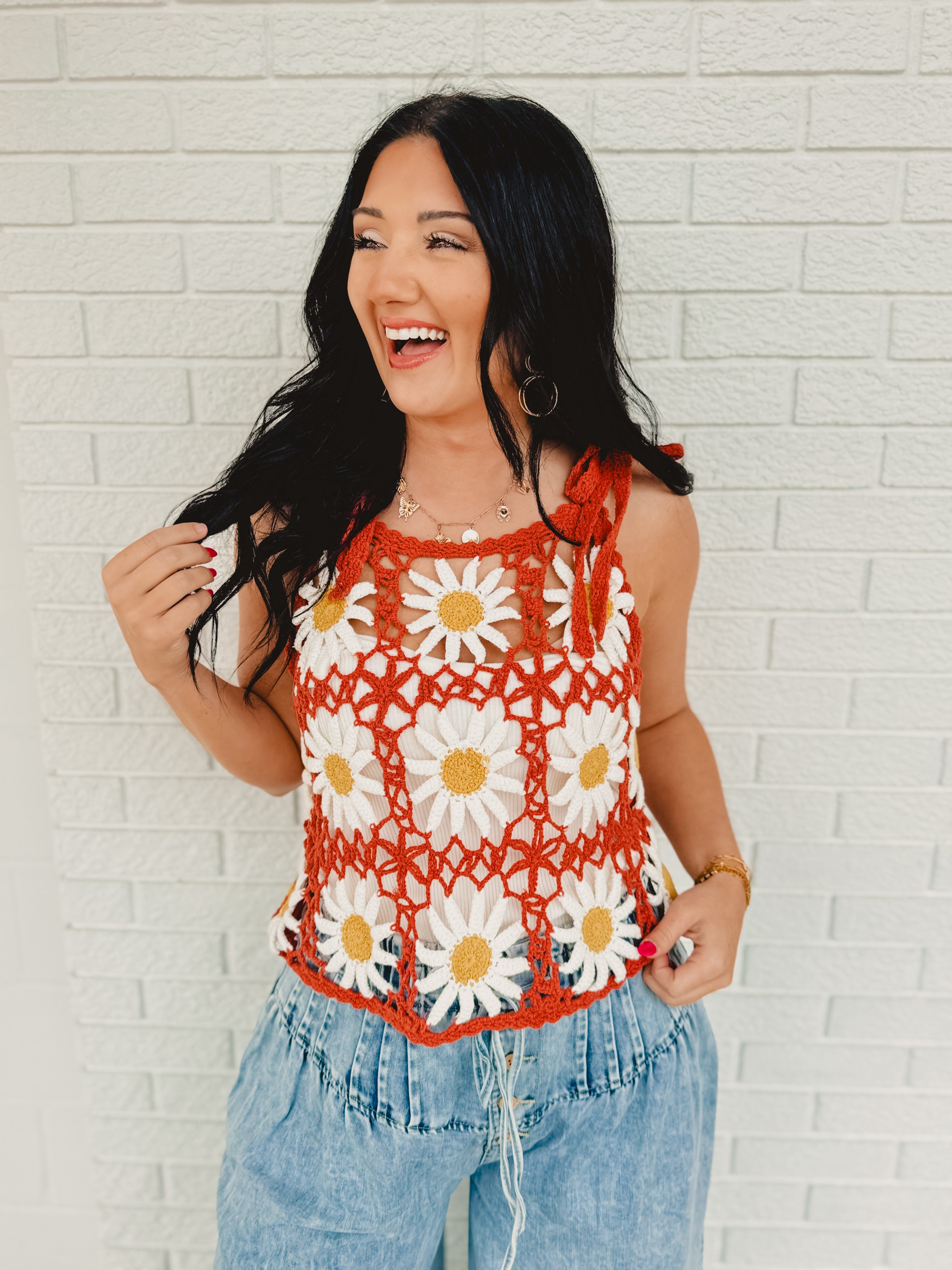 Daisy Crochet Knit Tank Top - Brick