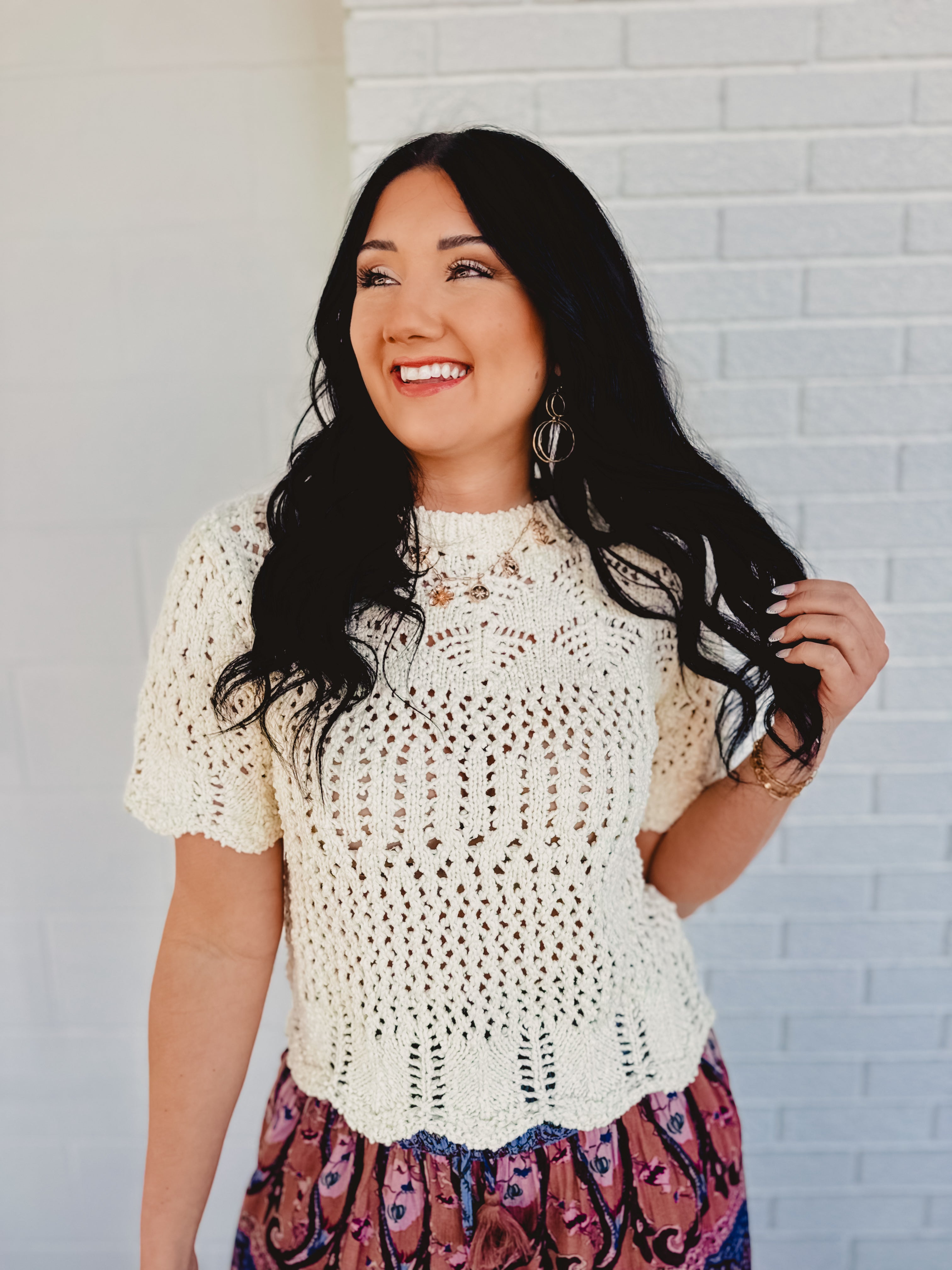 Sheer Knit Sweater Scalloped Hem Bottom - Cream