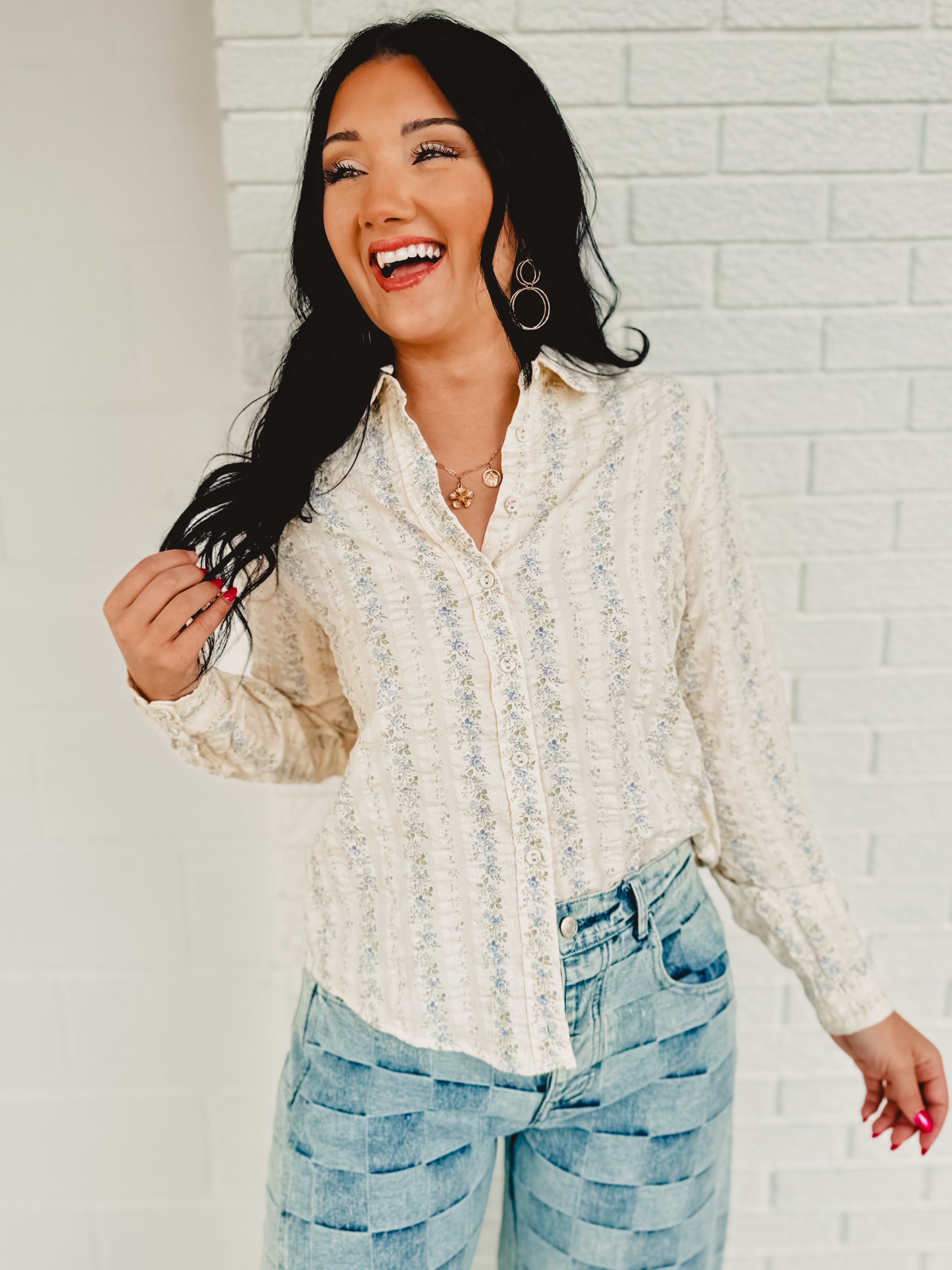 Long Sleeve Button Up Floral Top - Chambray