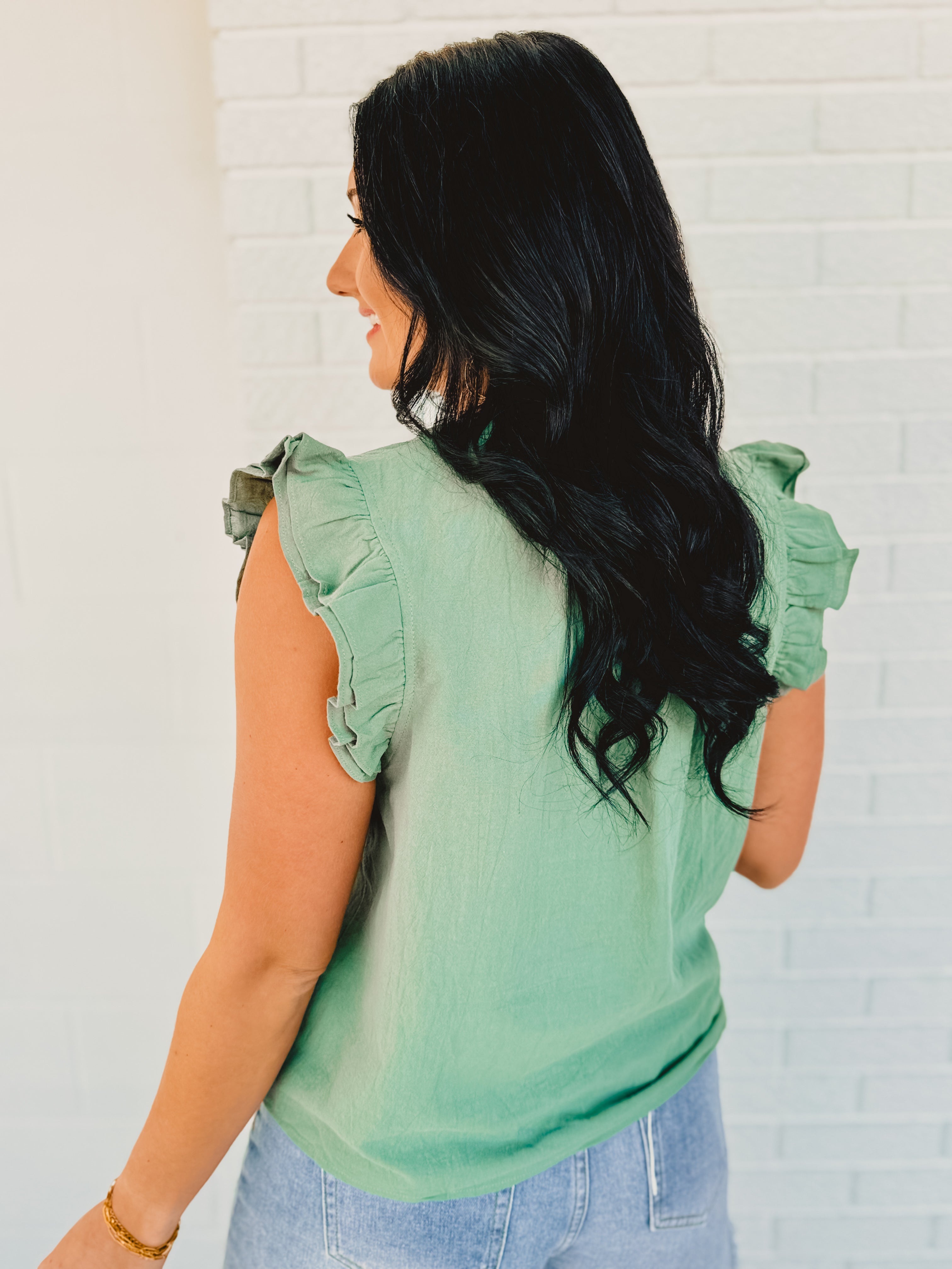 Ruffle Sleeve Top - Teal Green