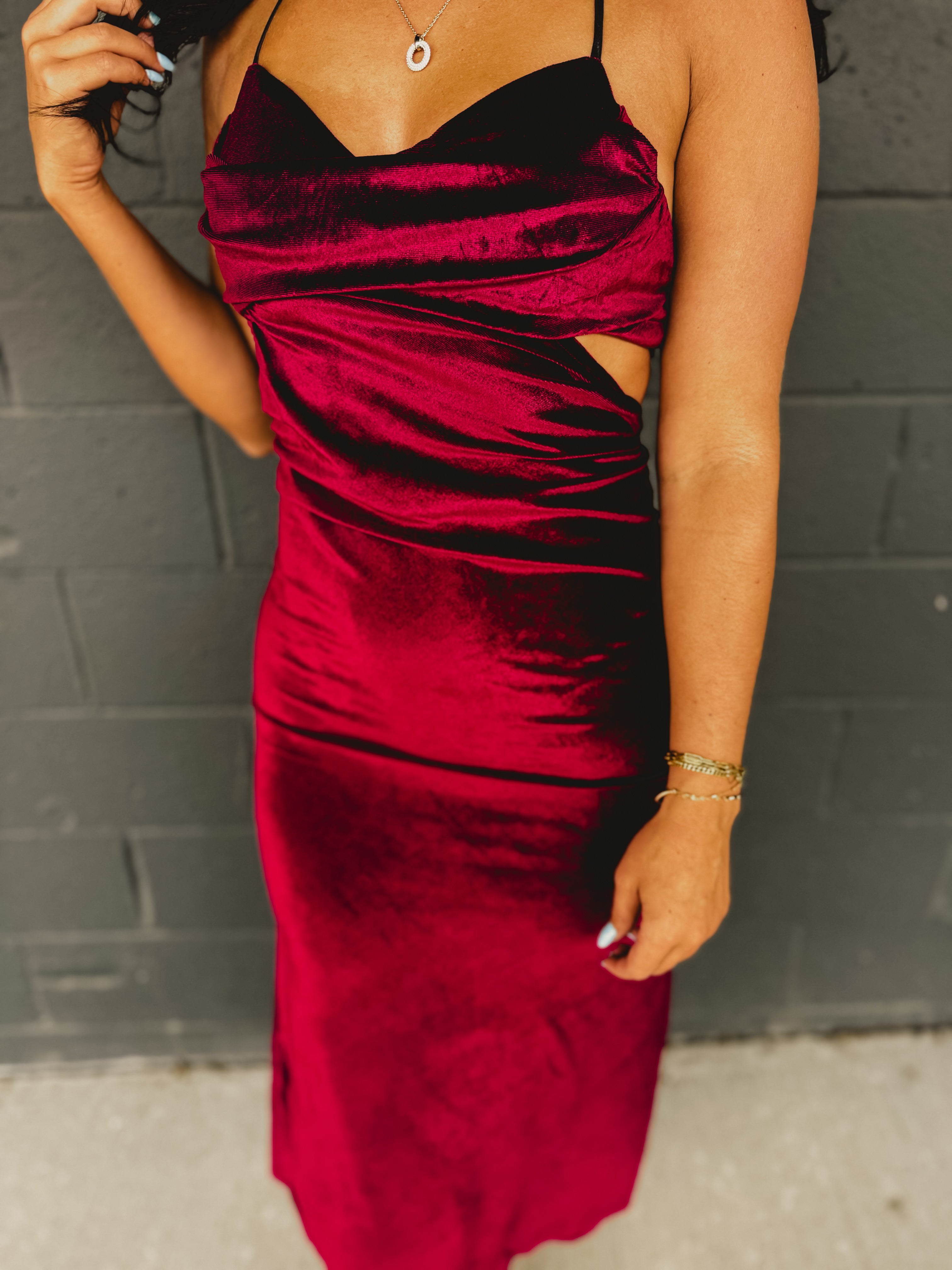 Velvet Cut-Out Open Back Maxi Dress - Burgundy