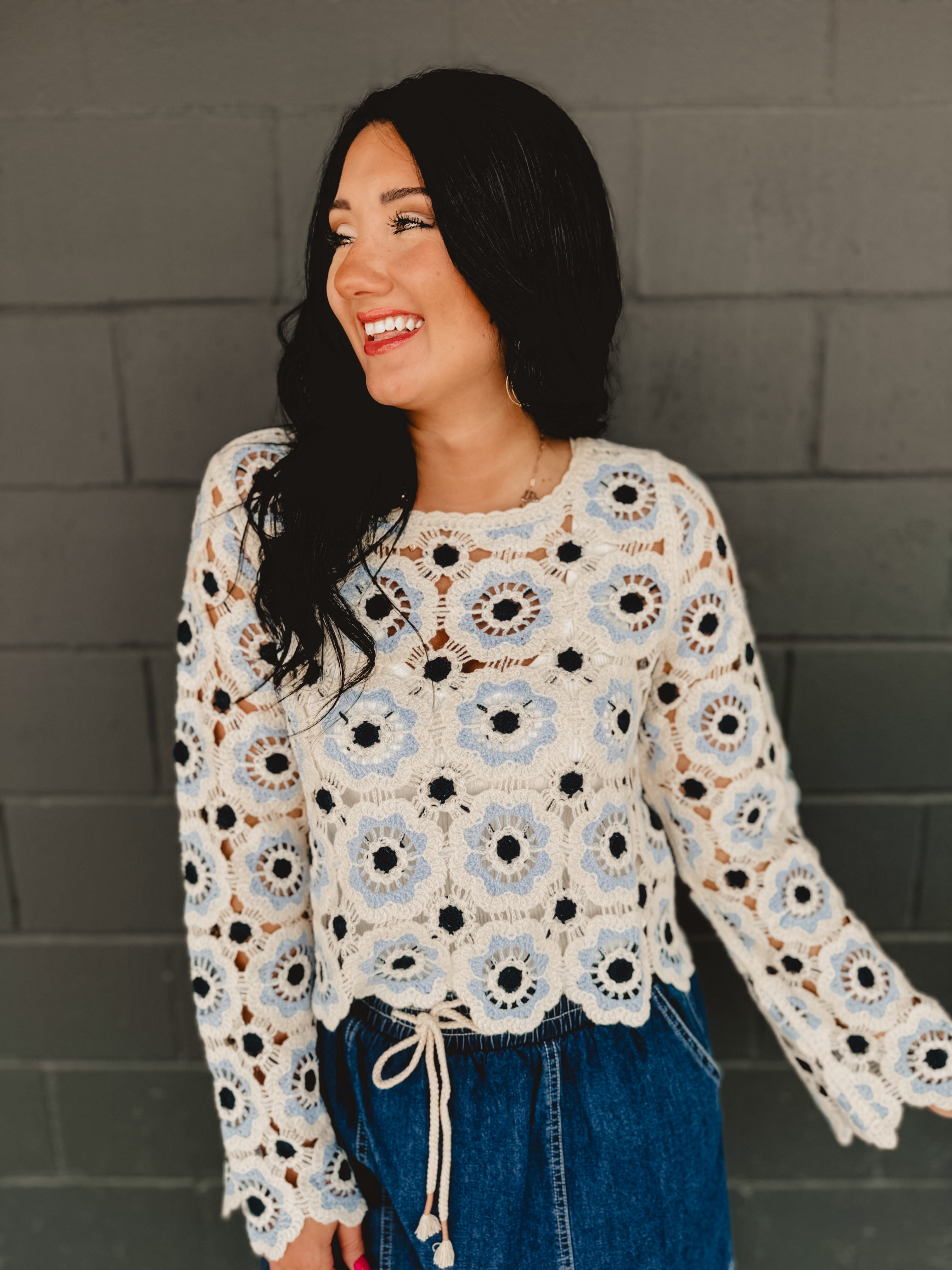 Crochet Flower Knit Long Sleeve Top - Blue Multi