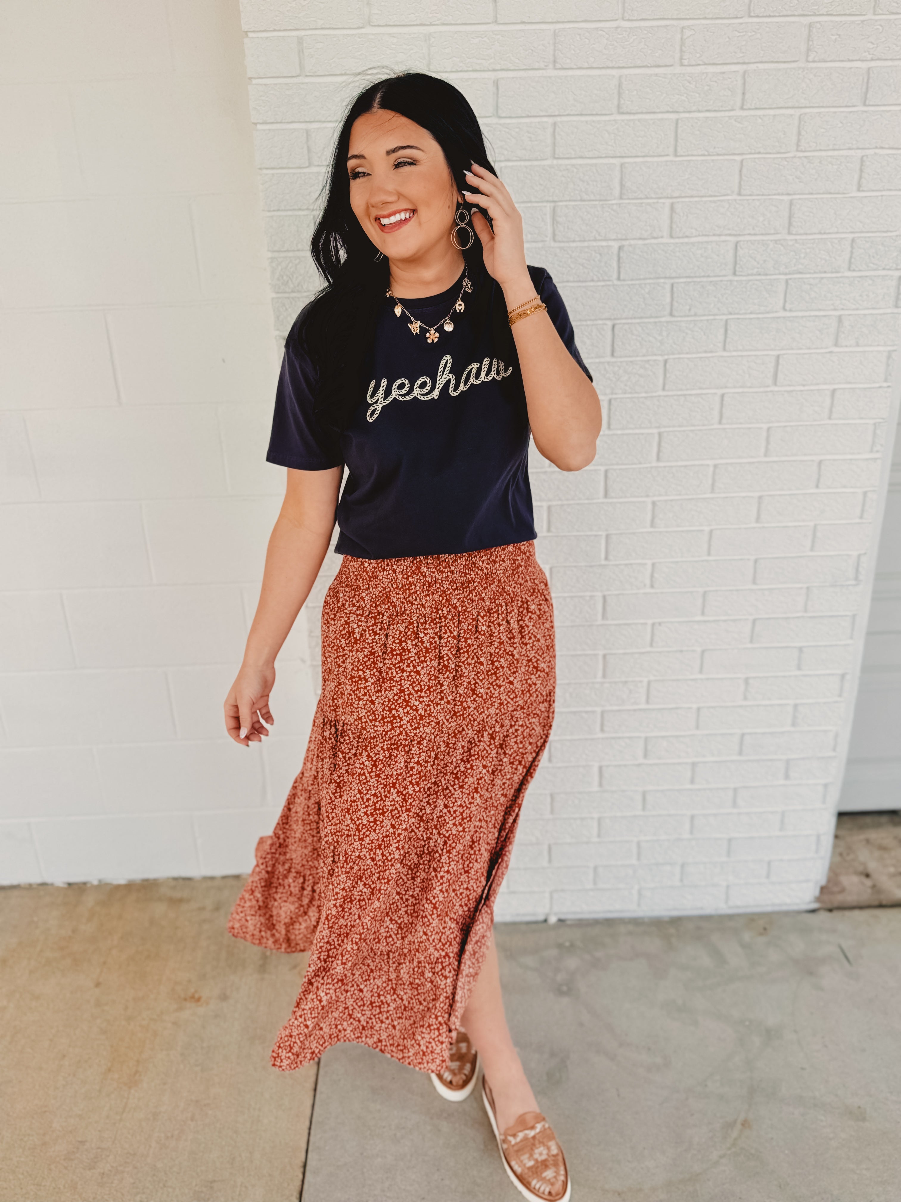 Floral Tiered Midi Skirt with Front Slit - Rust