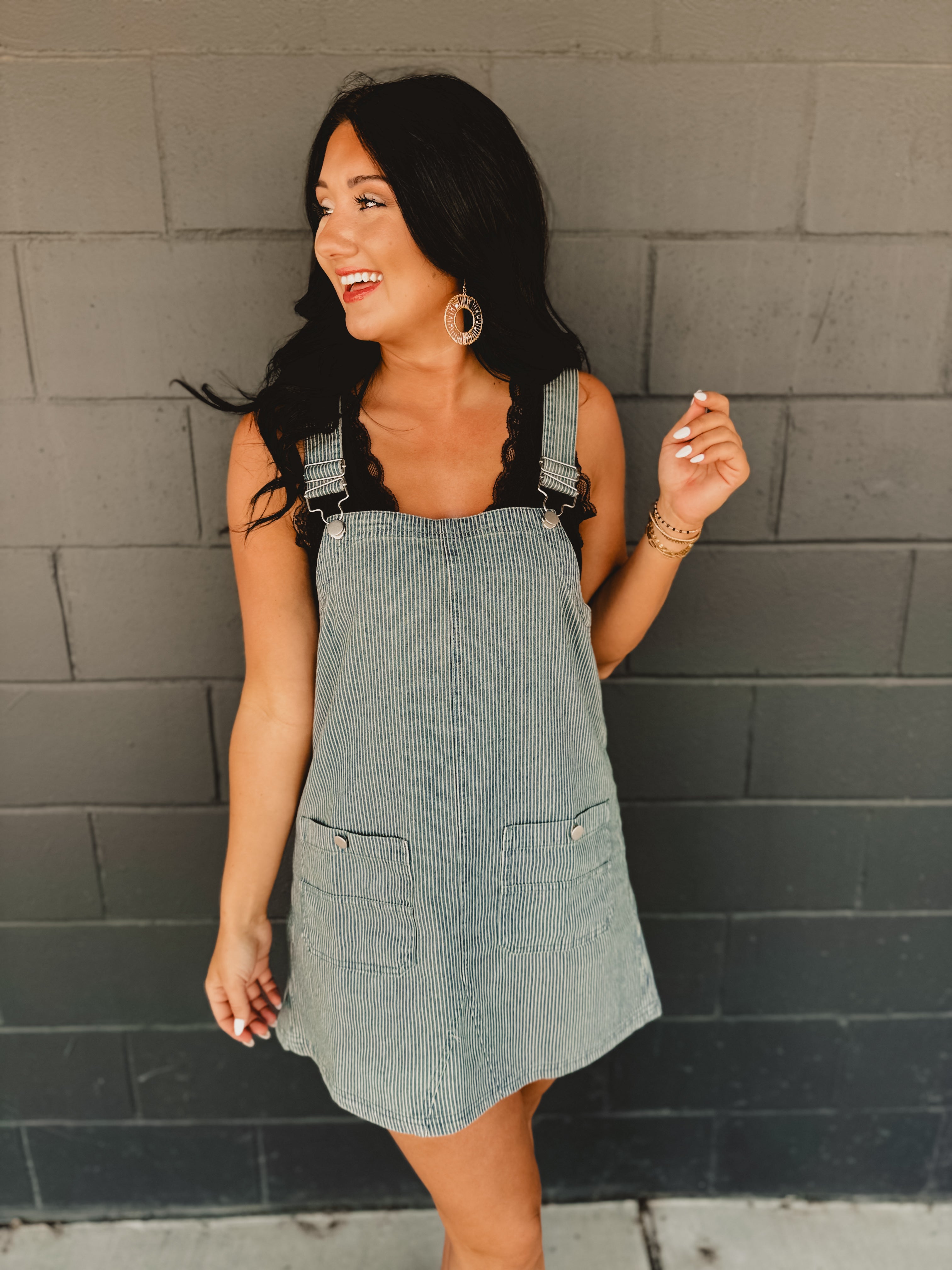 Striped Overall Mini Dress - Denim