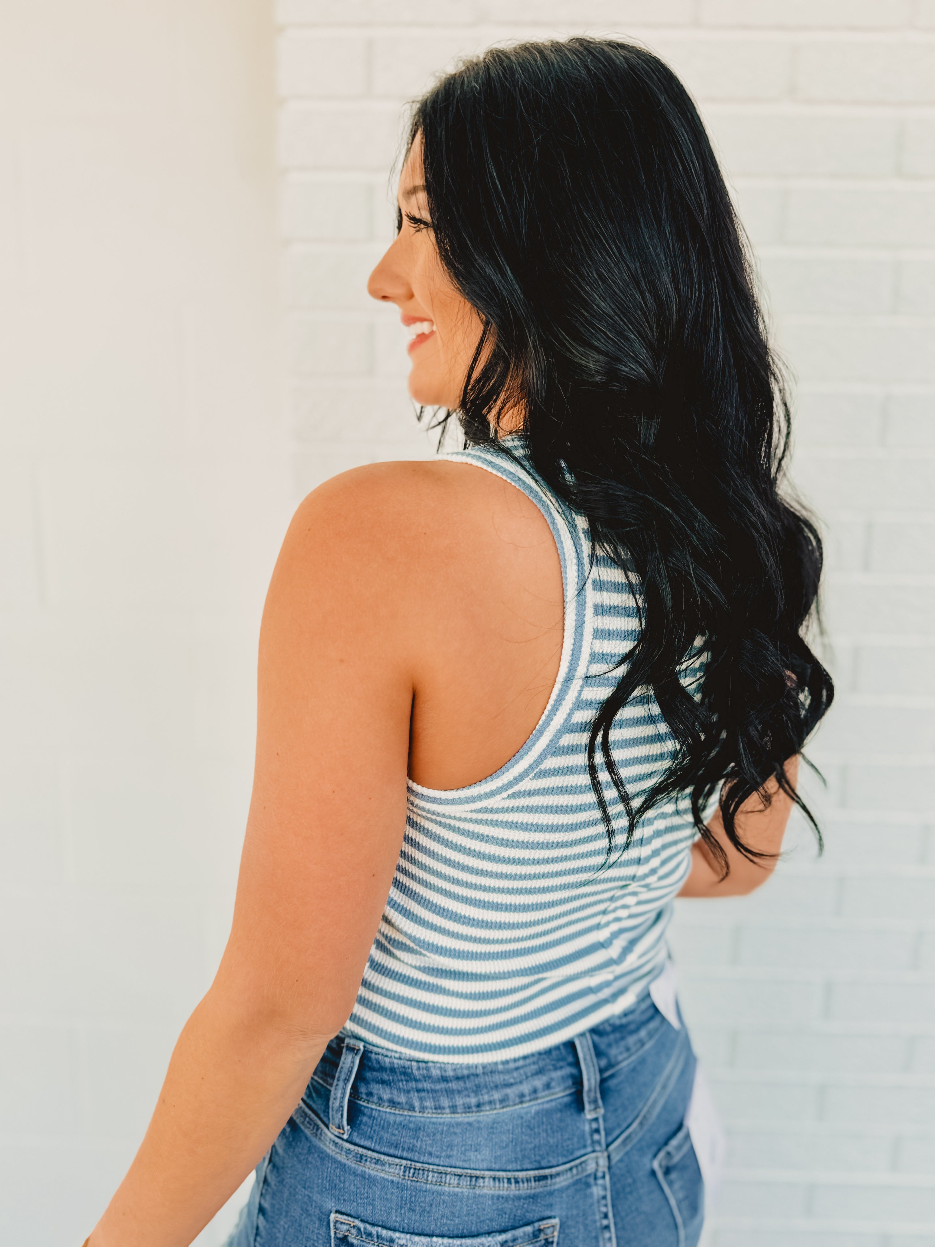 Striped & Solid Button Down Knit Tank Top - Sky