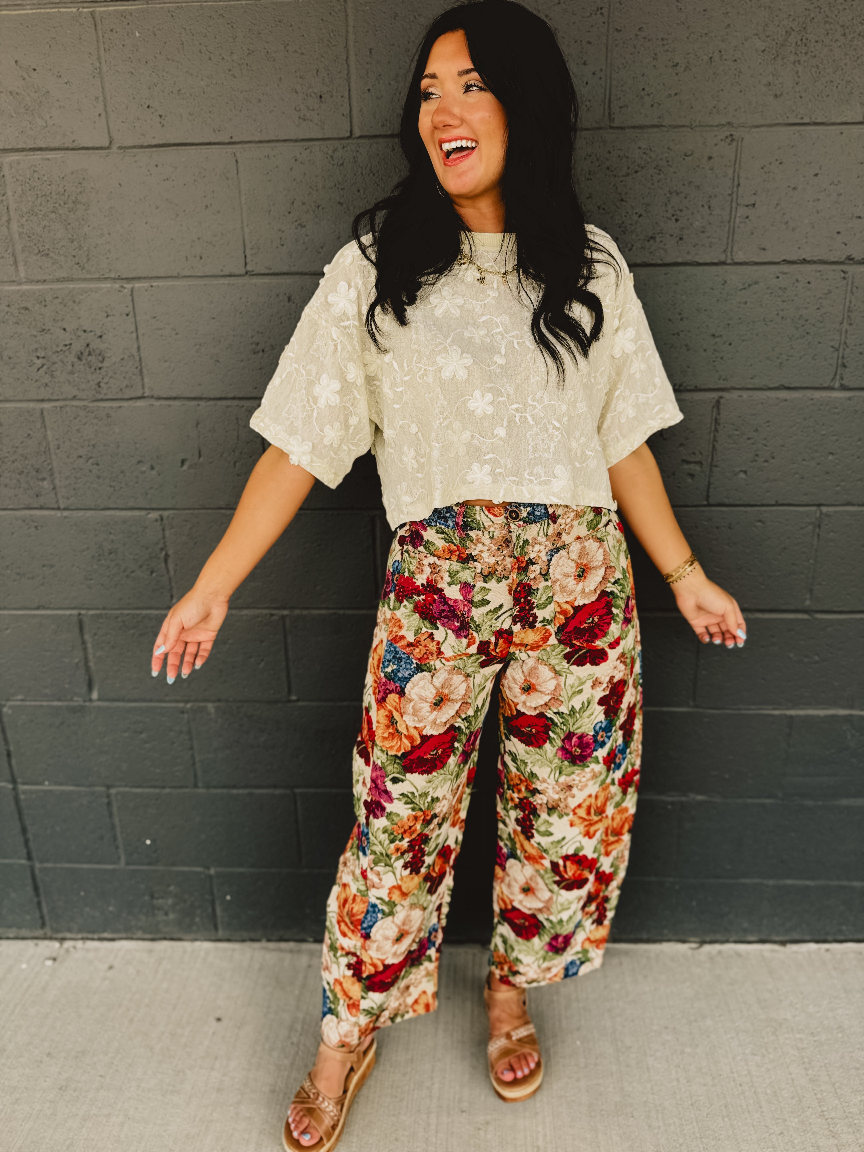 Floral Embroidered Textured Top - Cream