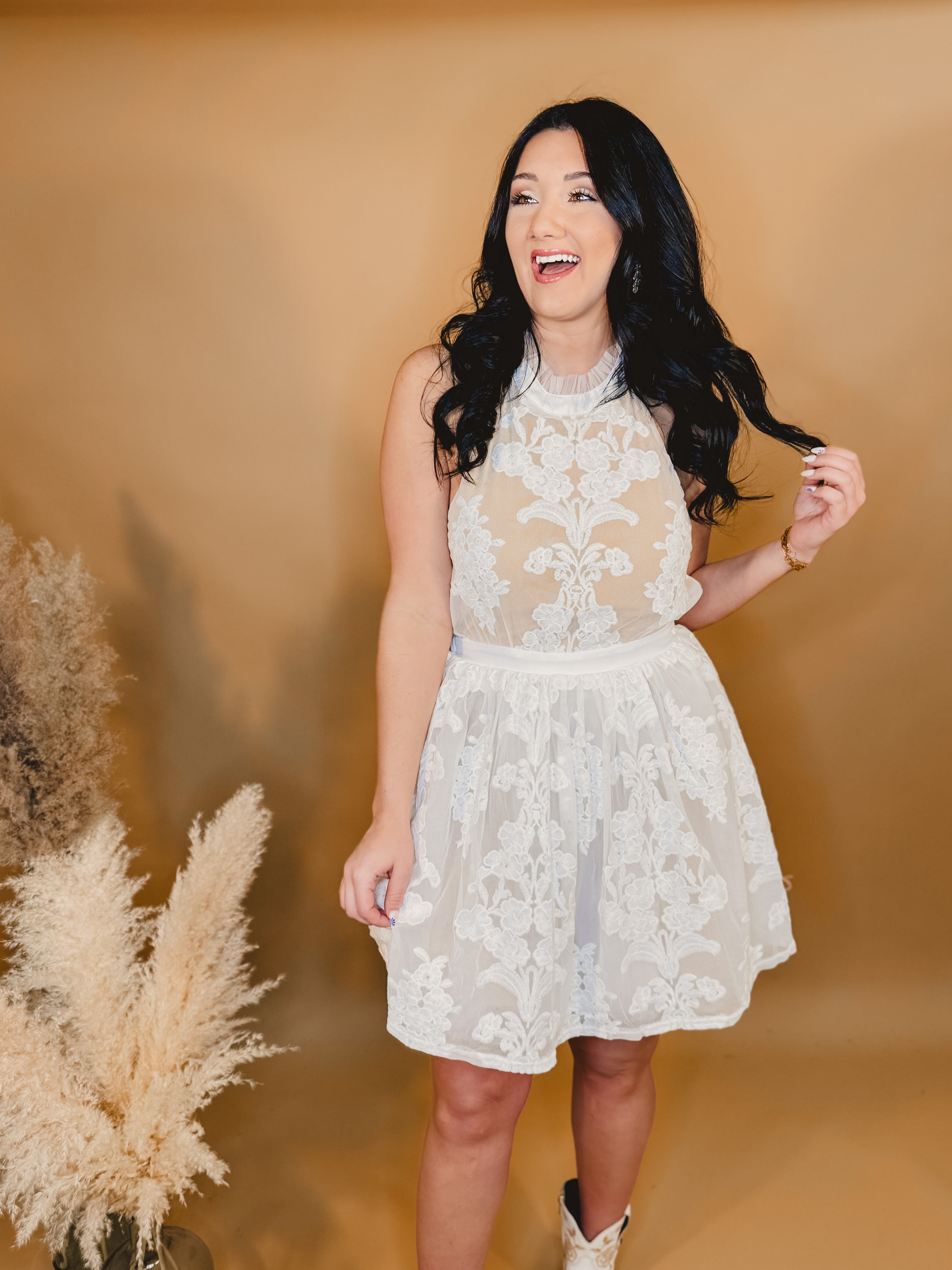 Floral Lace Sheer Mini Dress - Cream