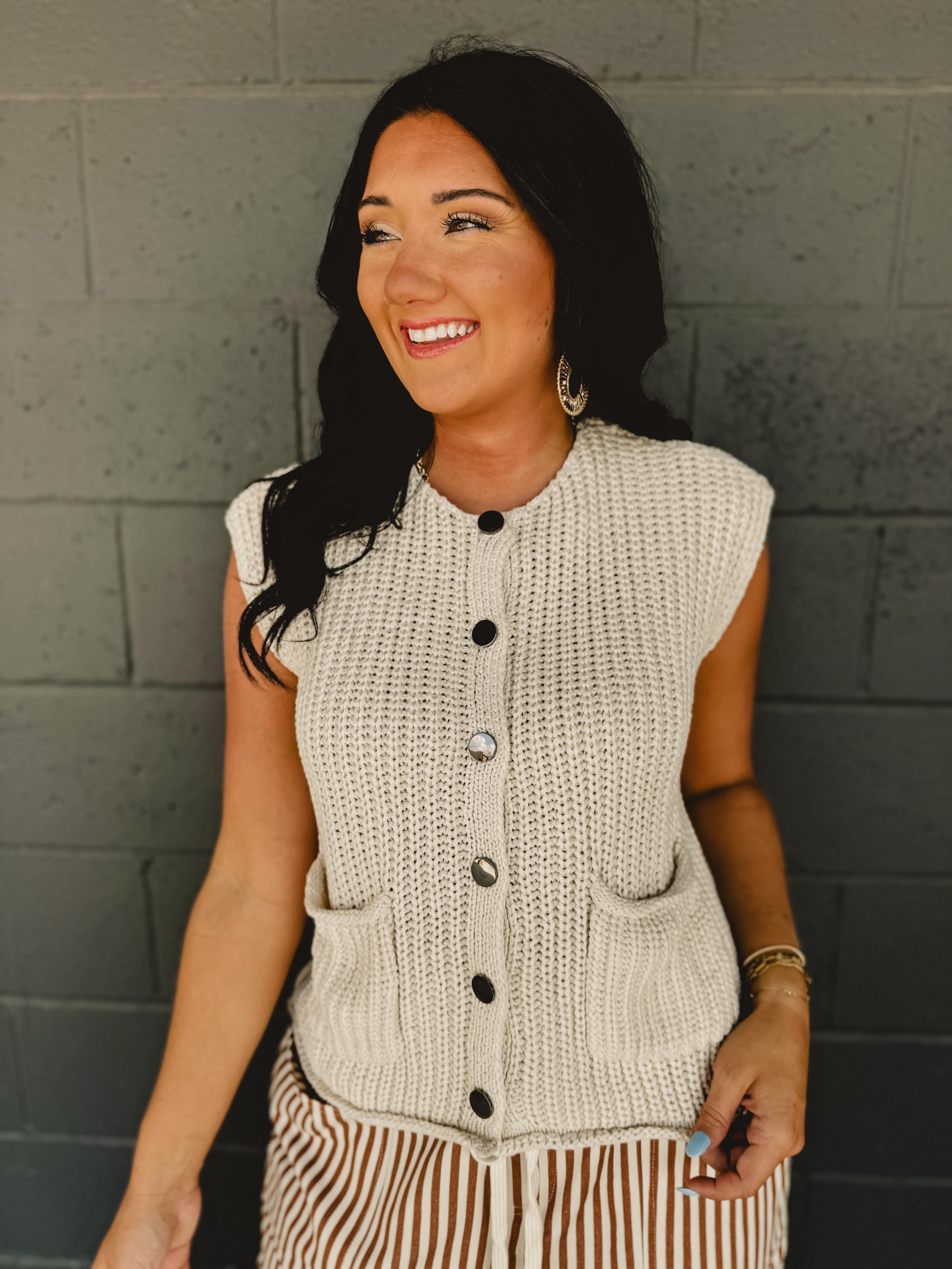 Button Up Sweater Knit Vest - Cream