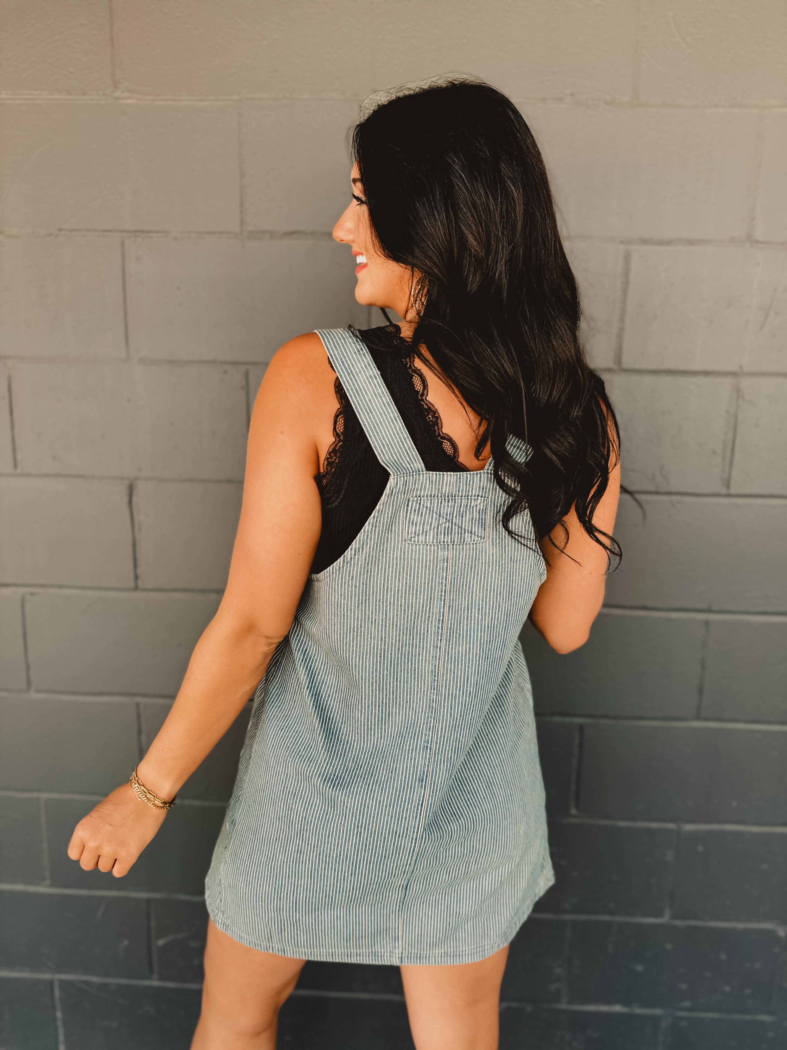 Striped Overall Mini Dress - Denim