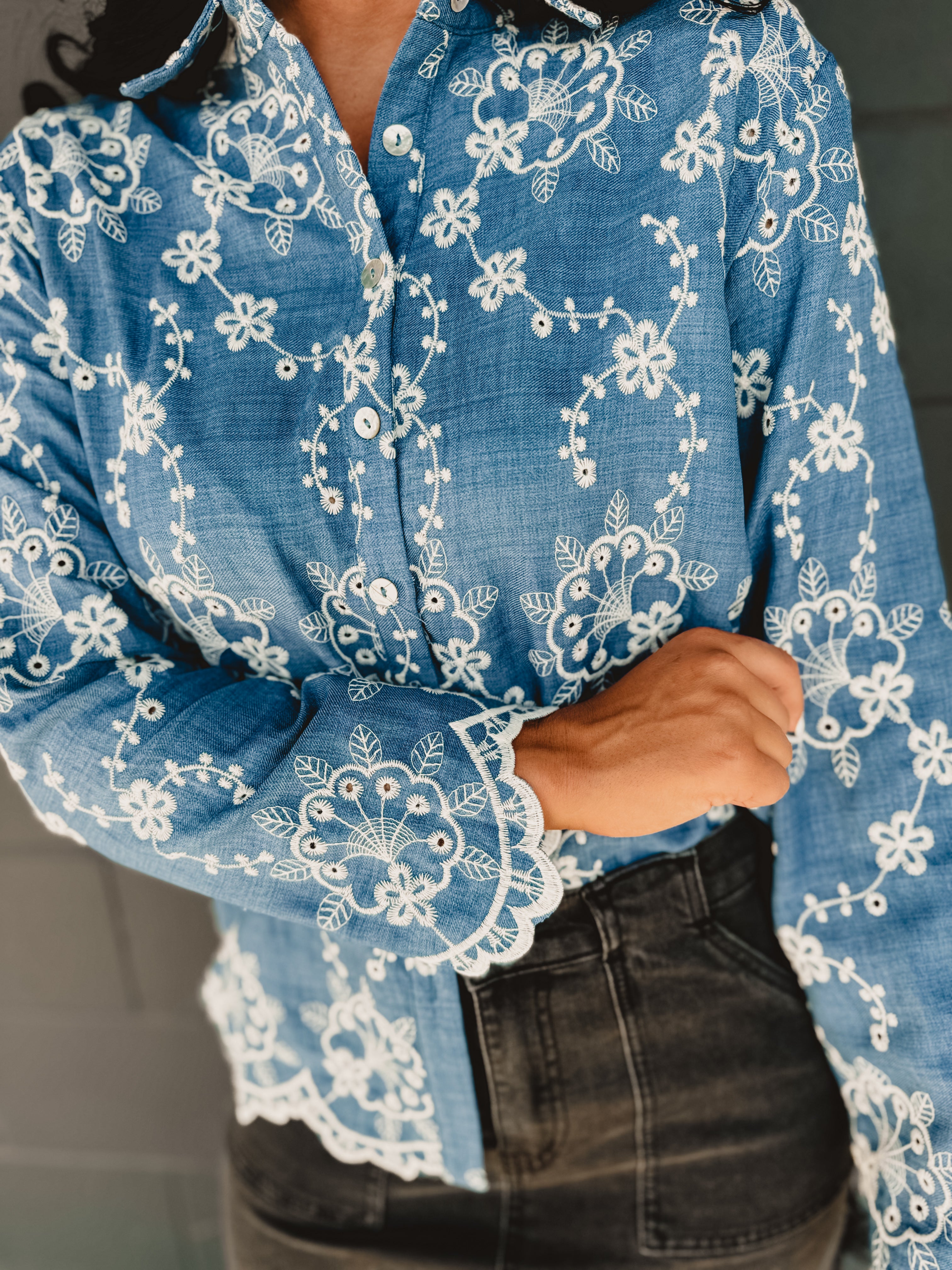 Button Down Floral Embroidered Denim Top