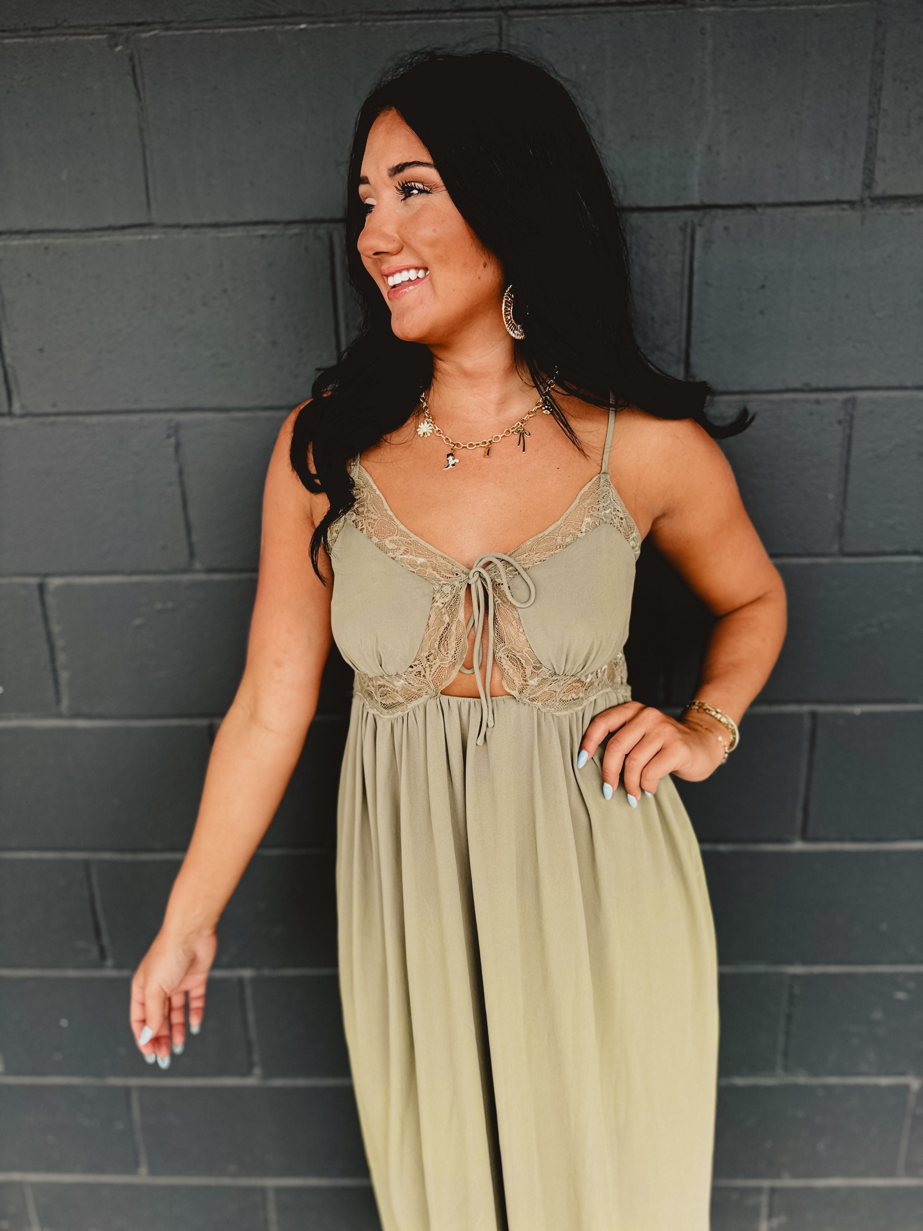 Lace Trim Detail Maxi Dress - Olive