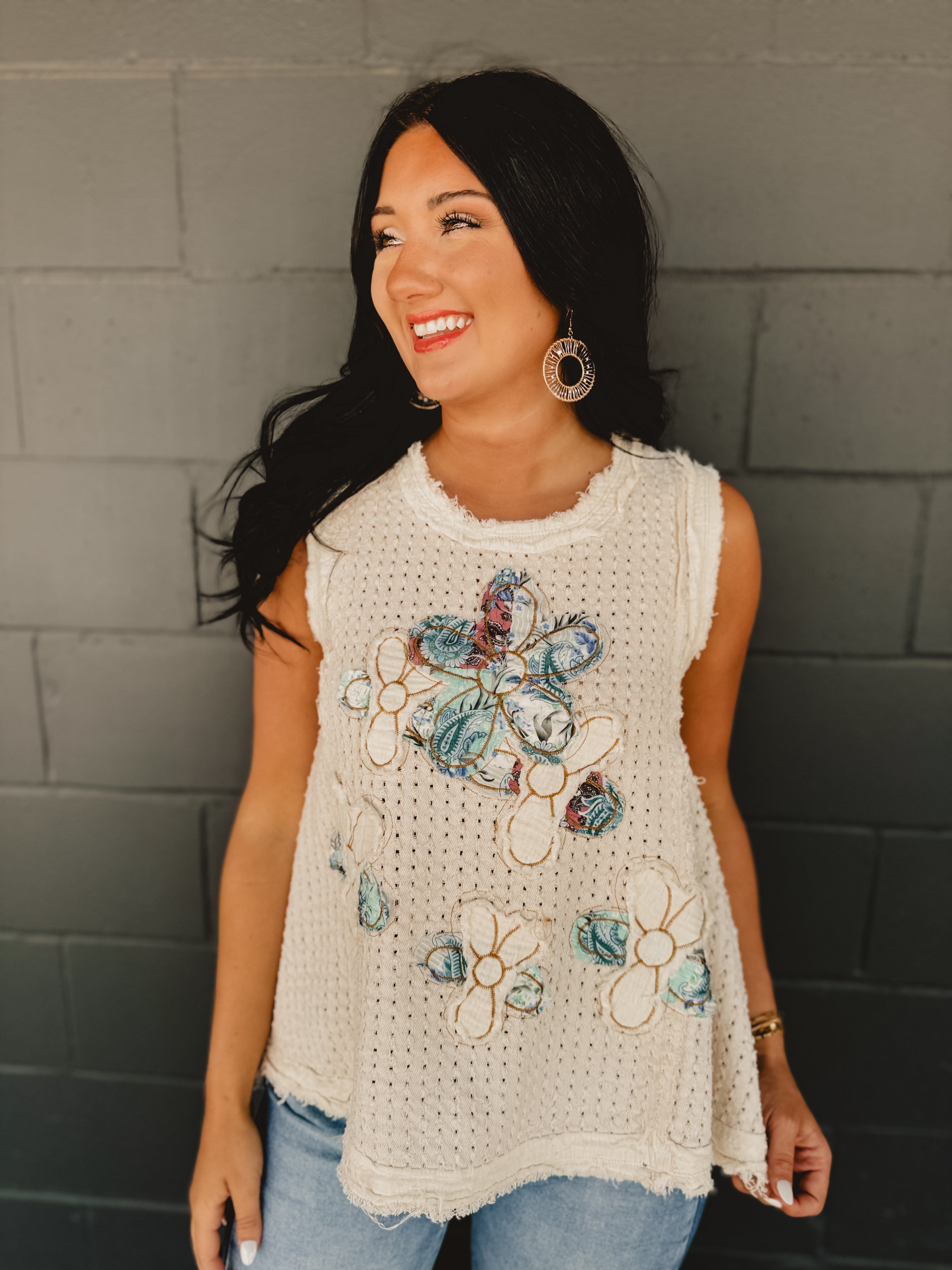 POL Denim Flower Patch Tank Top - Cream