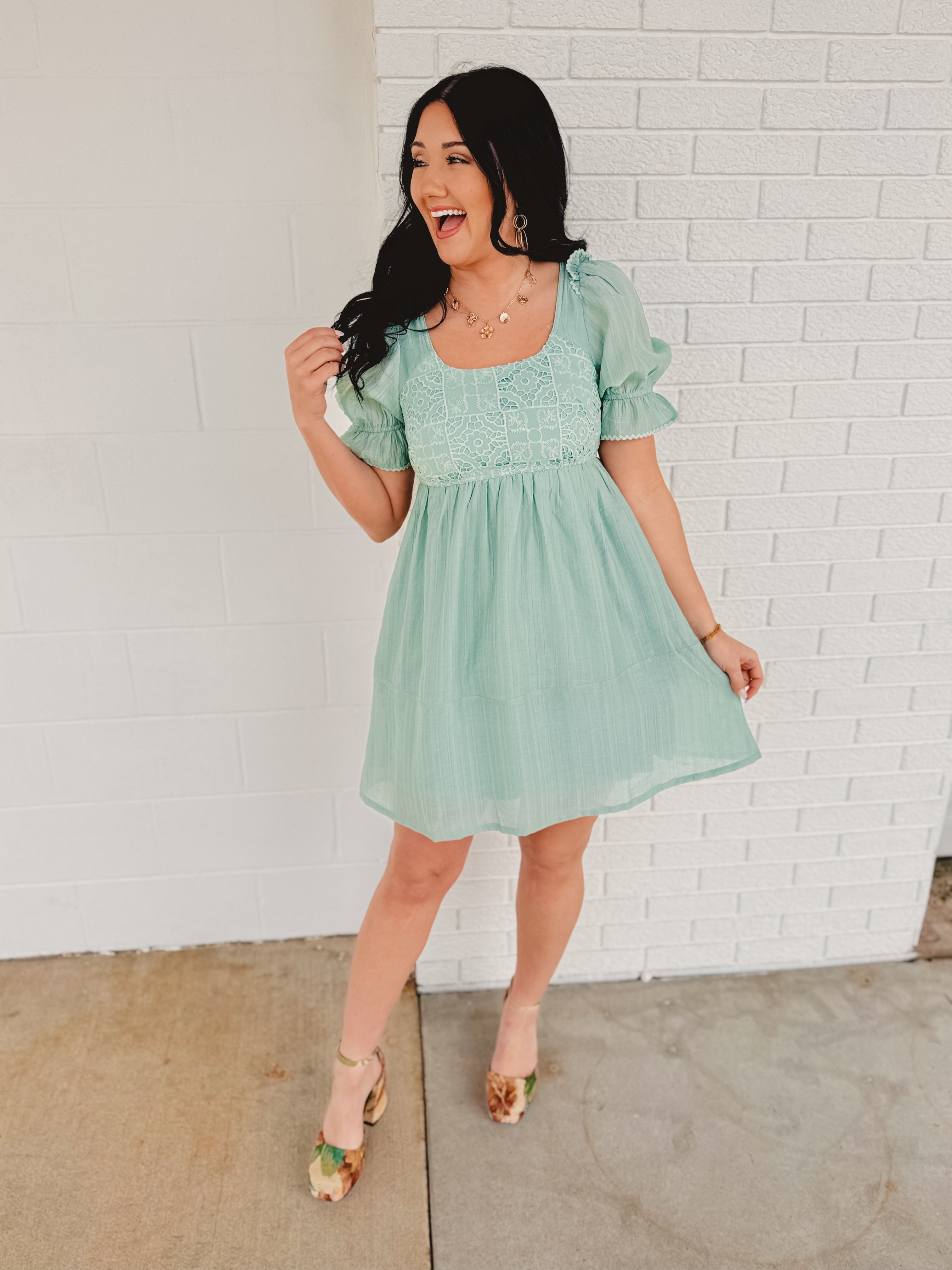 Romantic Lace Babydoll Dress - Aqua Mint