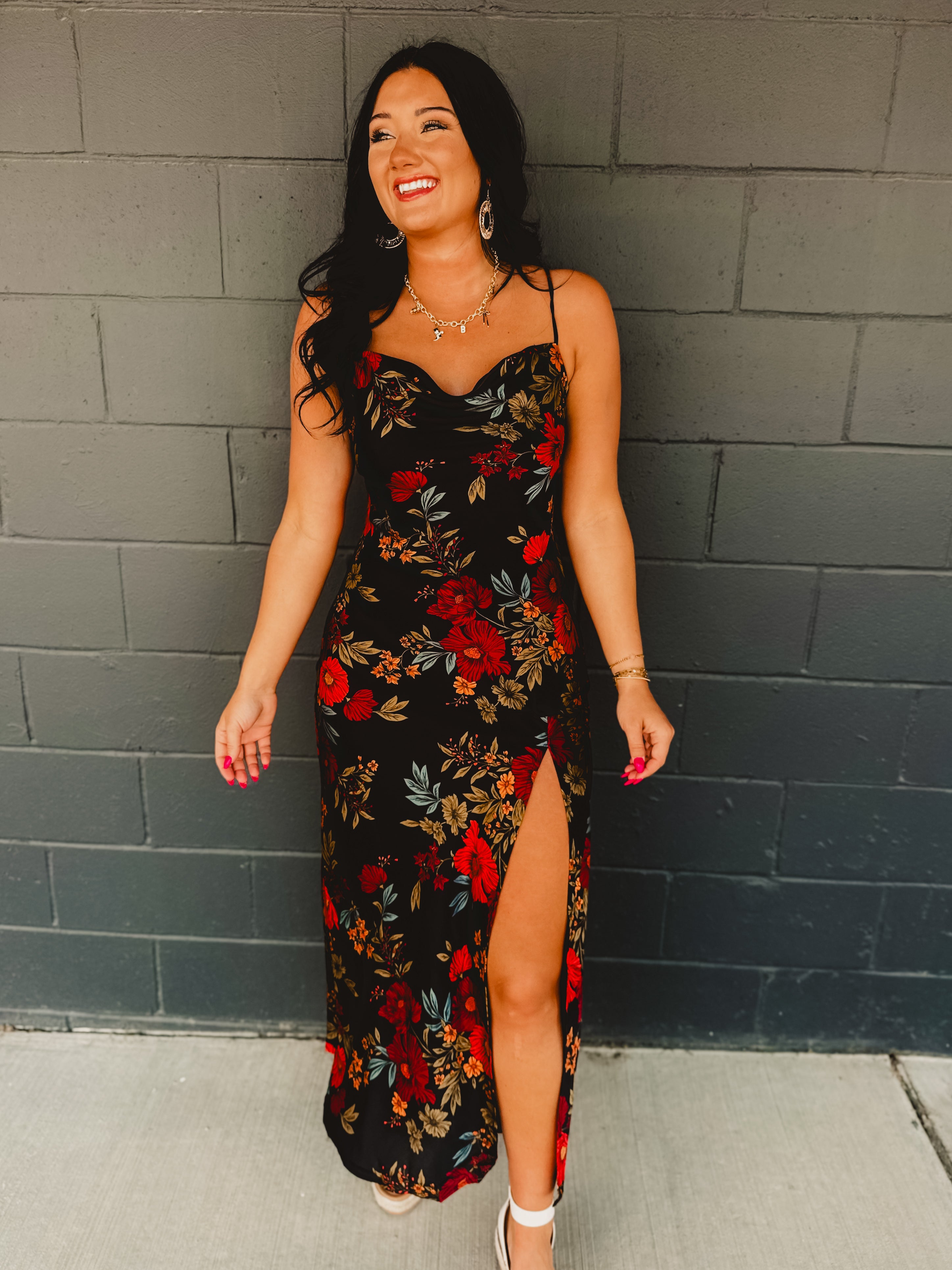 Black Satin Dress - Floral