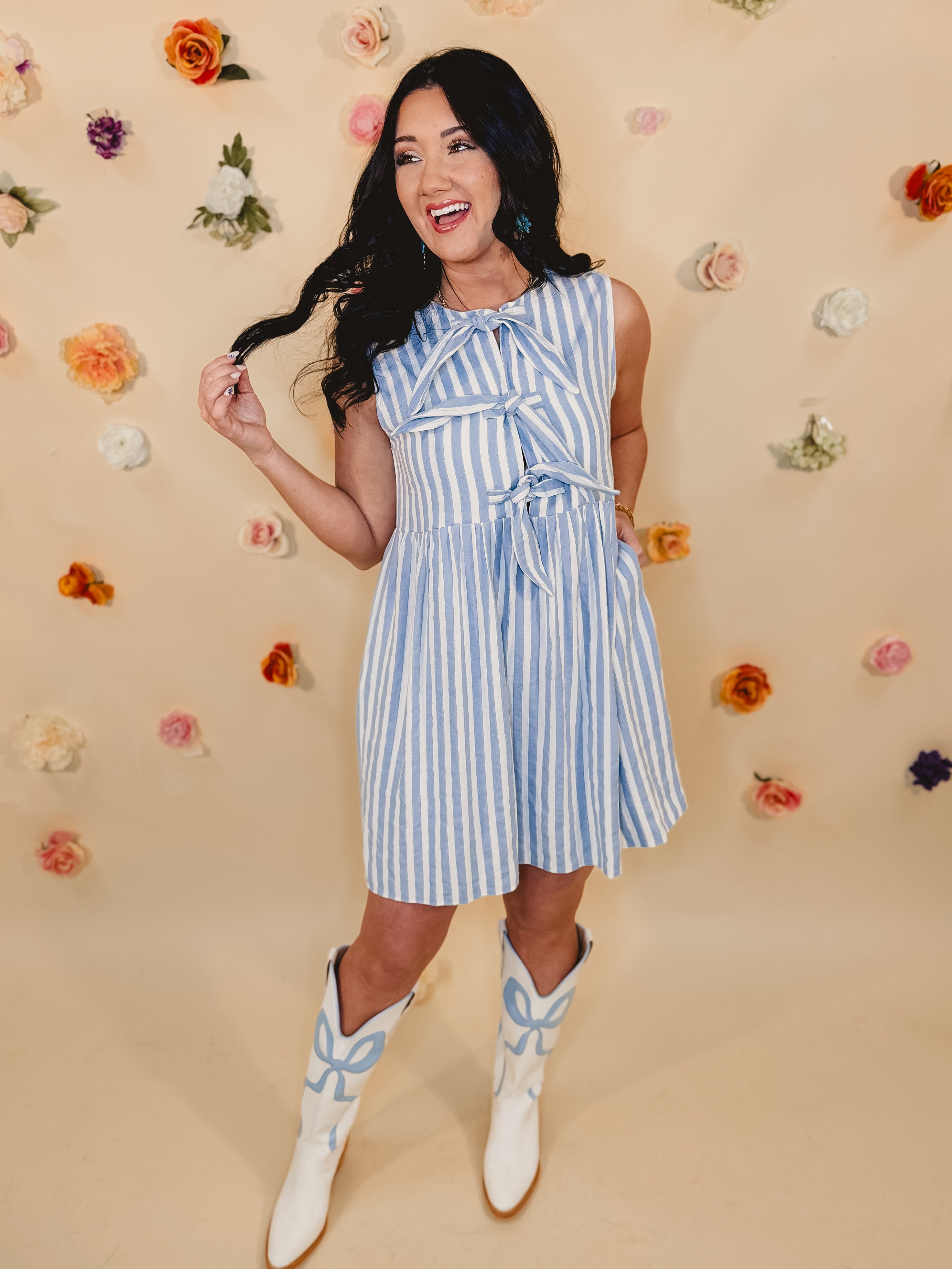 Striped Bow Mini Dress - Light Blue