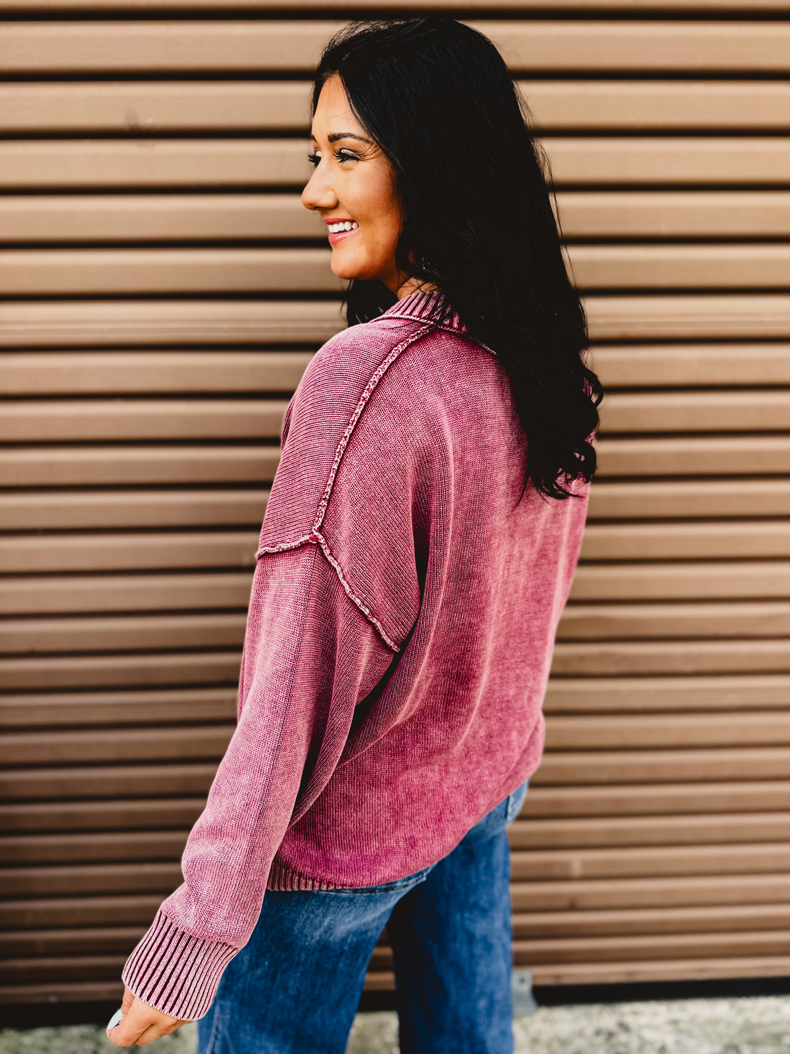 Oversized V-Neck Washed Sweater - Burgundy