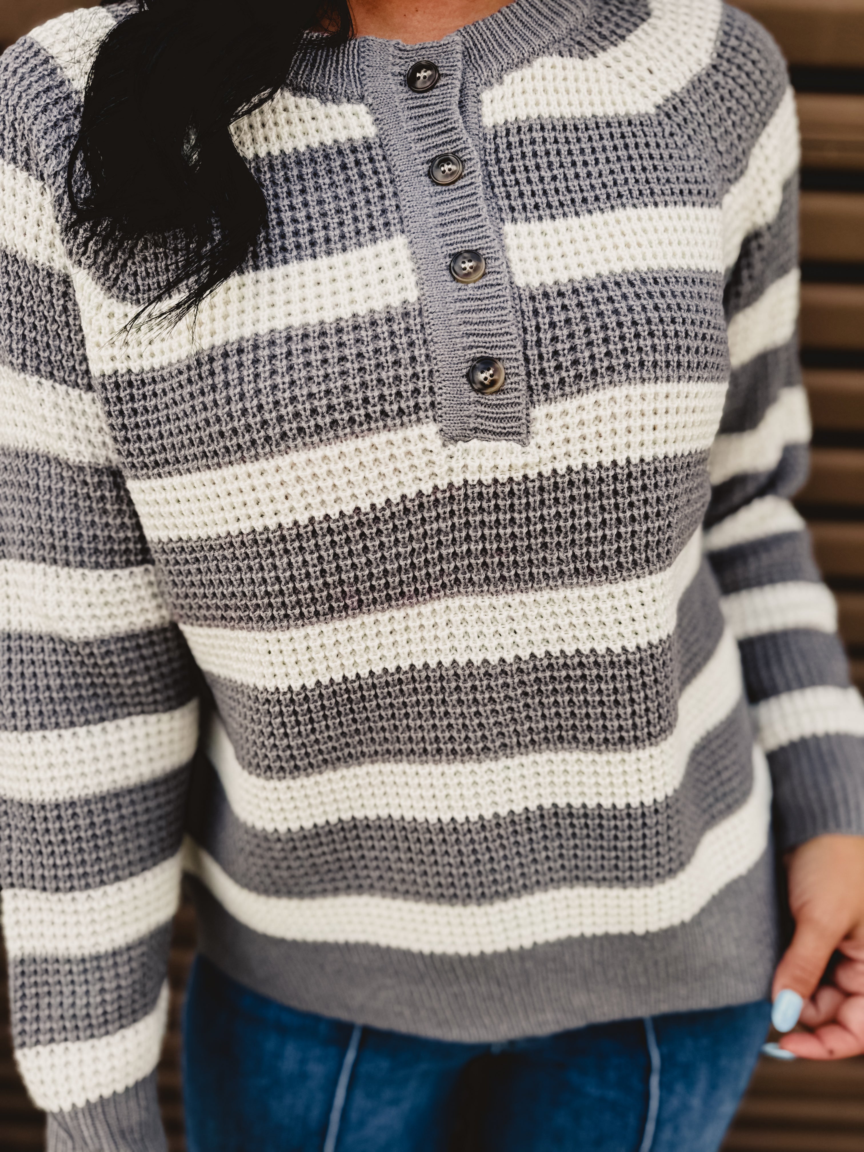 Sweater Knit Long Sleeve Top - Grey/Ivory