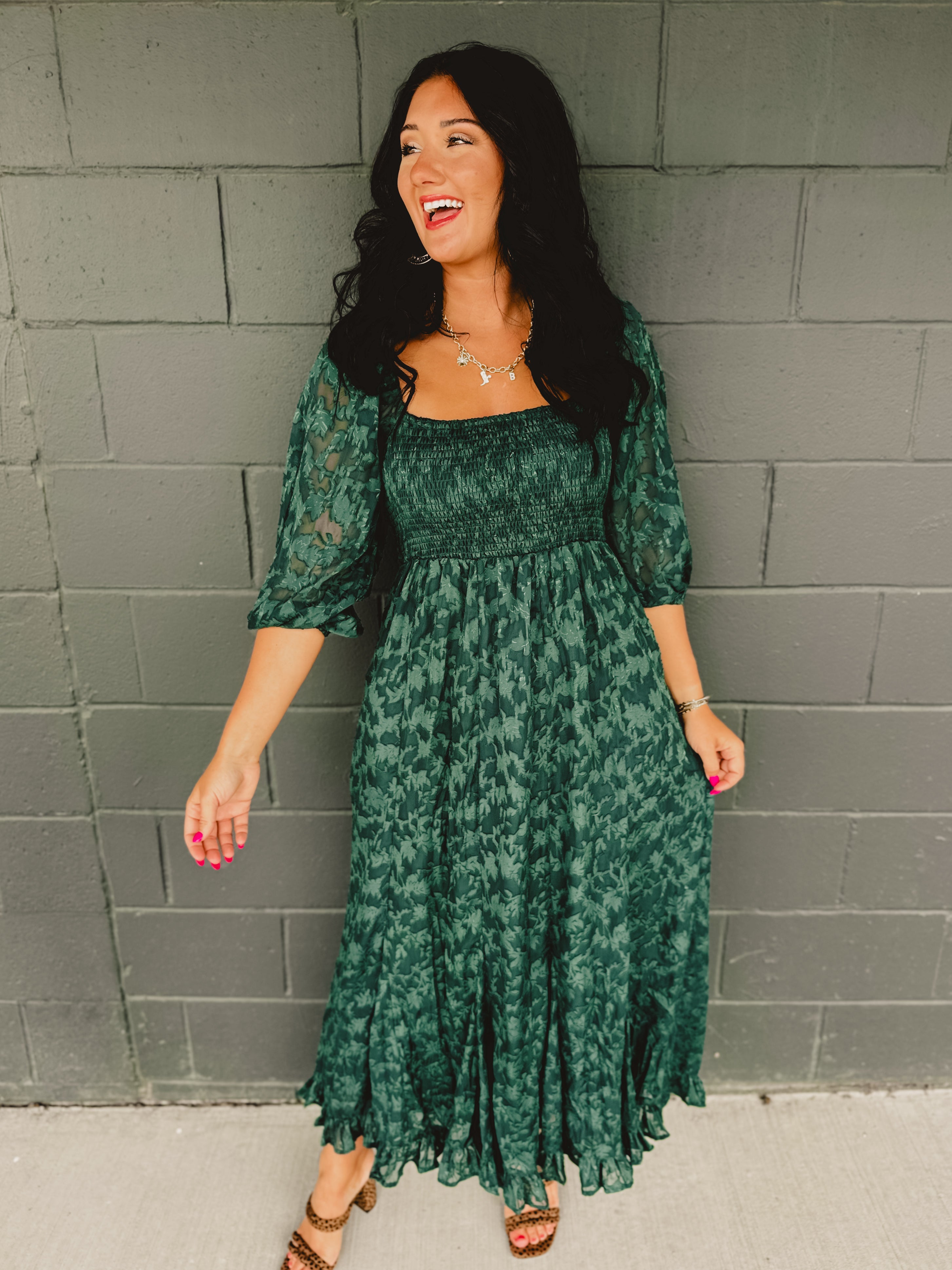 PREORDER: Jacquard Smocked Ruffled Hem Maxi Dress - Hunter Green