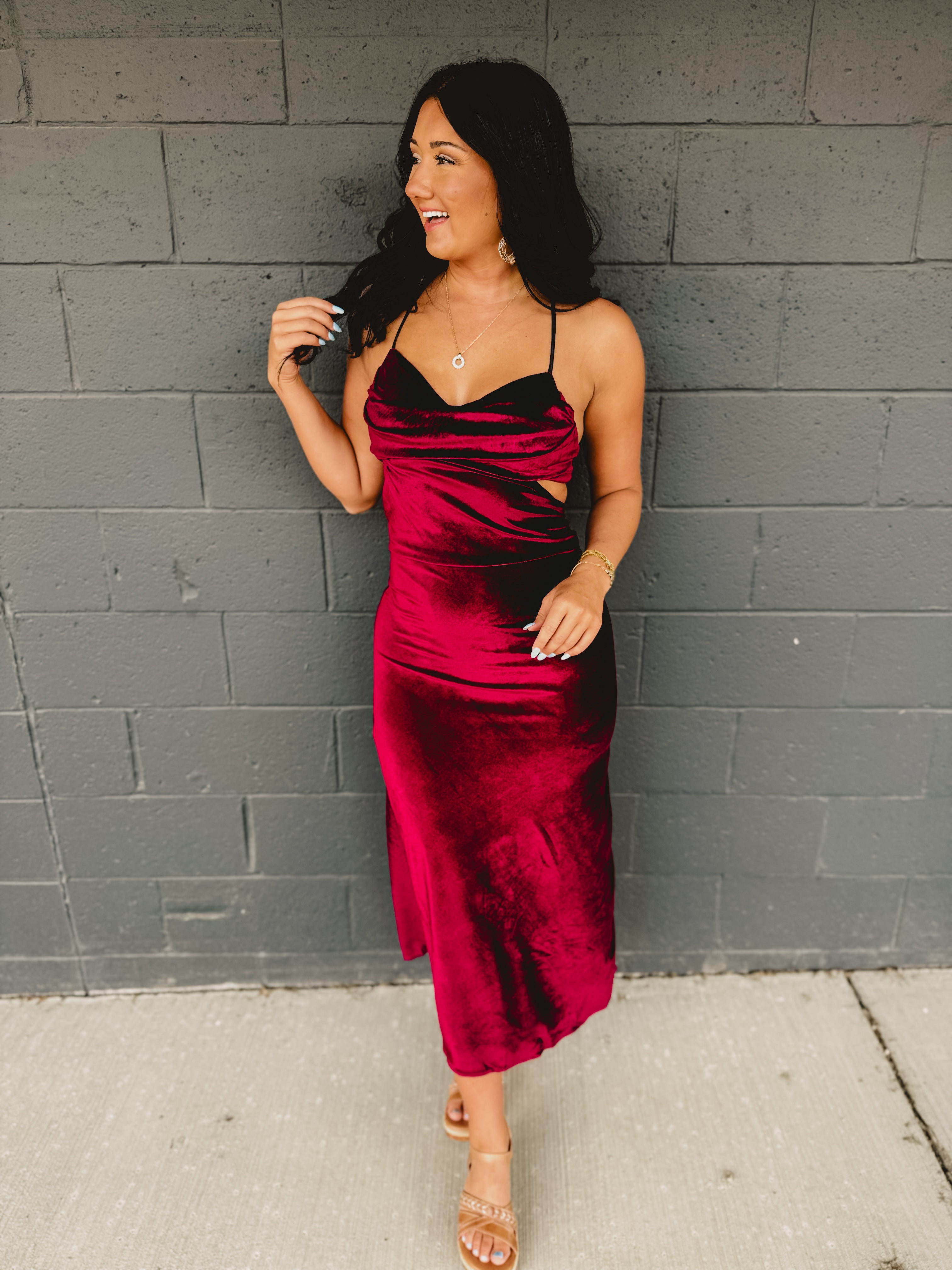 Velvet Cut-Out Open Back Maxi Dress - Burgundy