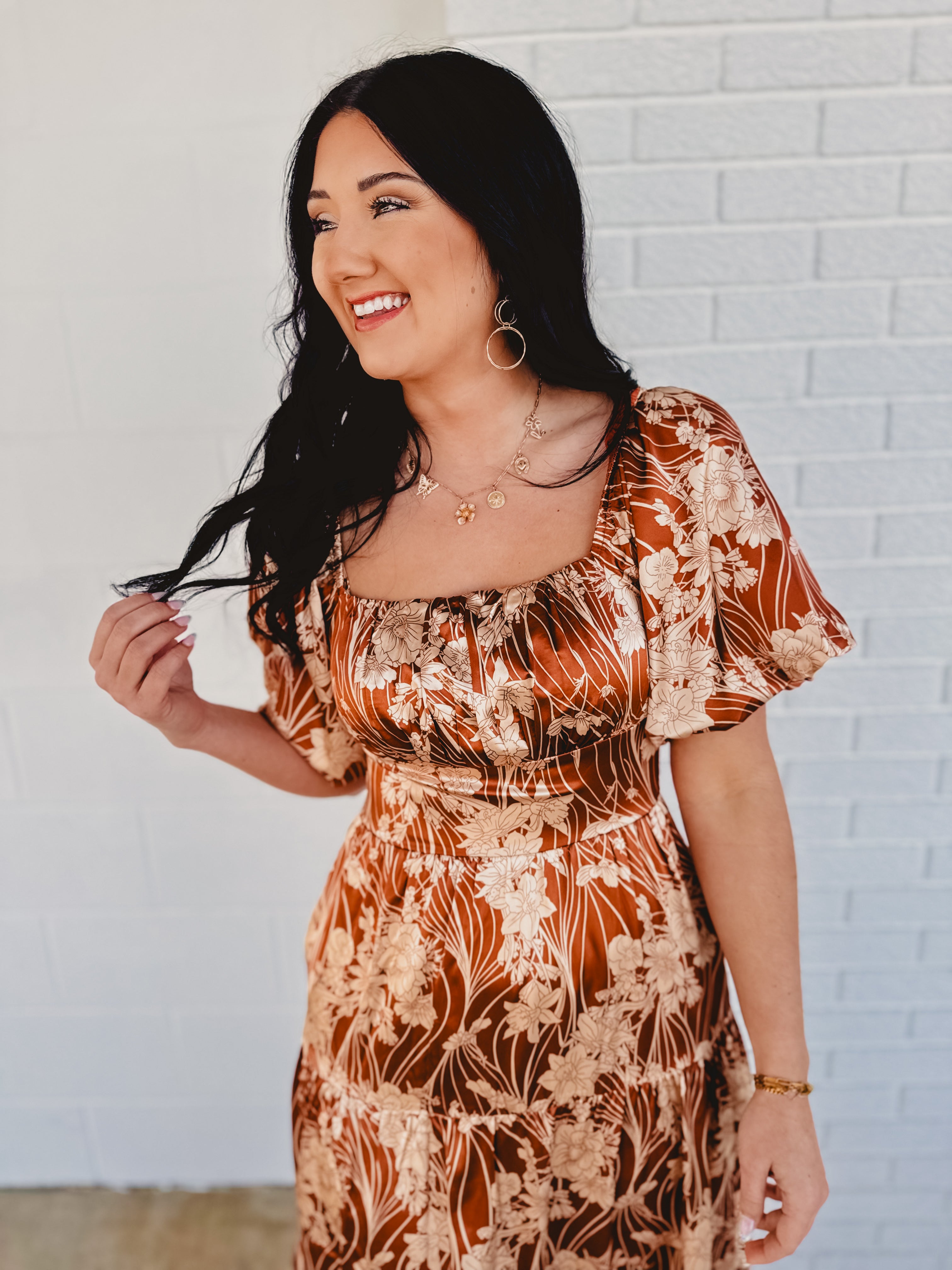 Puff Sleeve Floral Silky Maxi Dress - Butterscotch