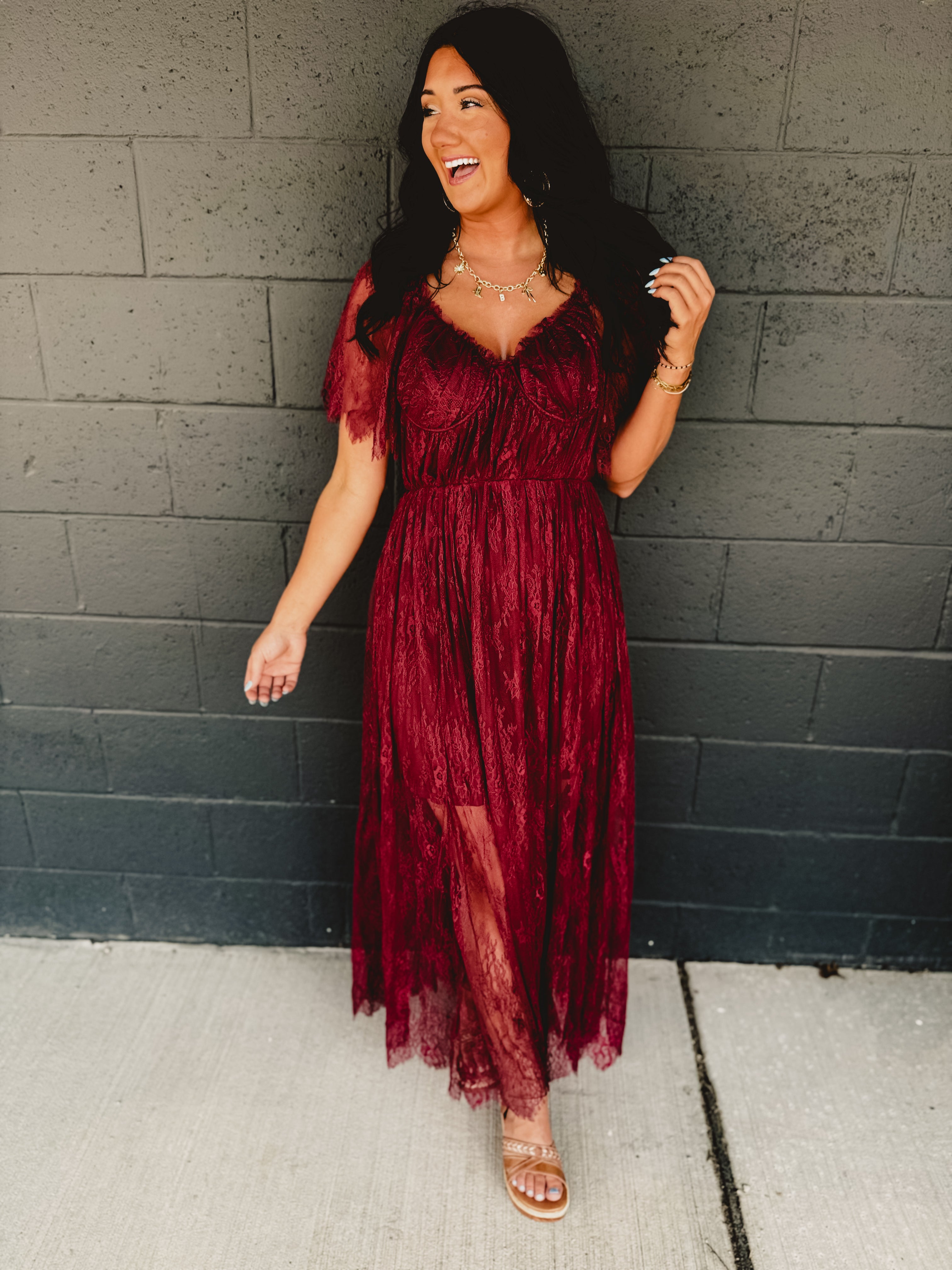 Floral Lace Overlay Maxi Dress - Wine