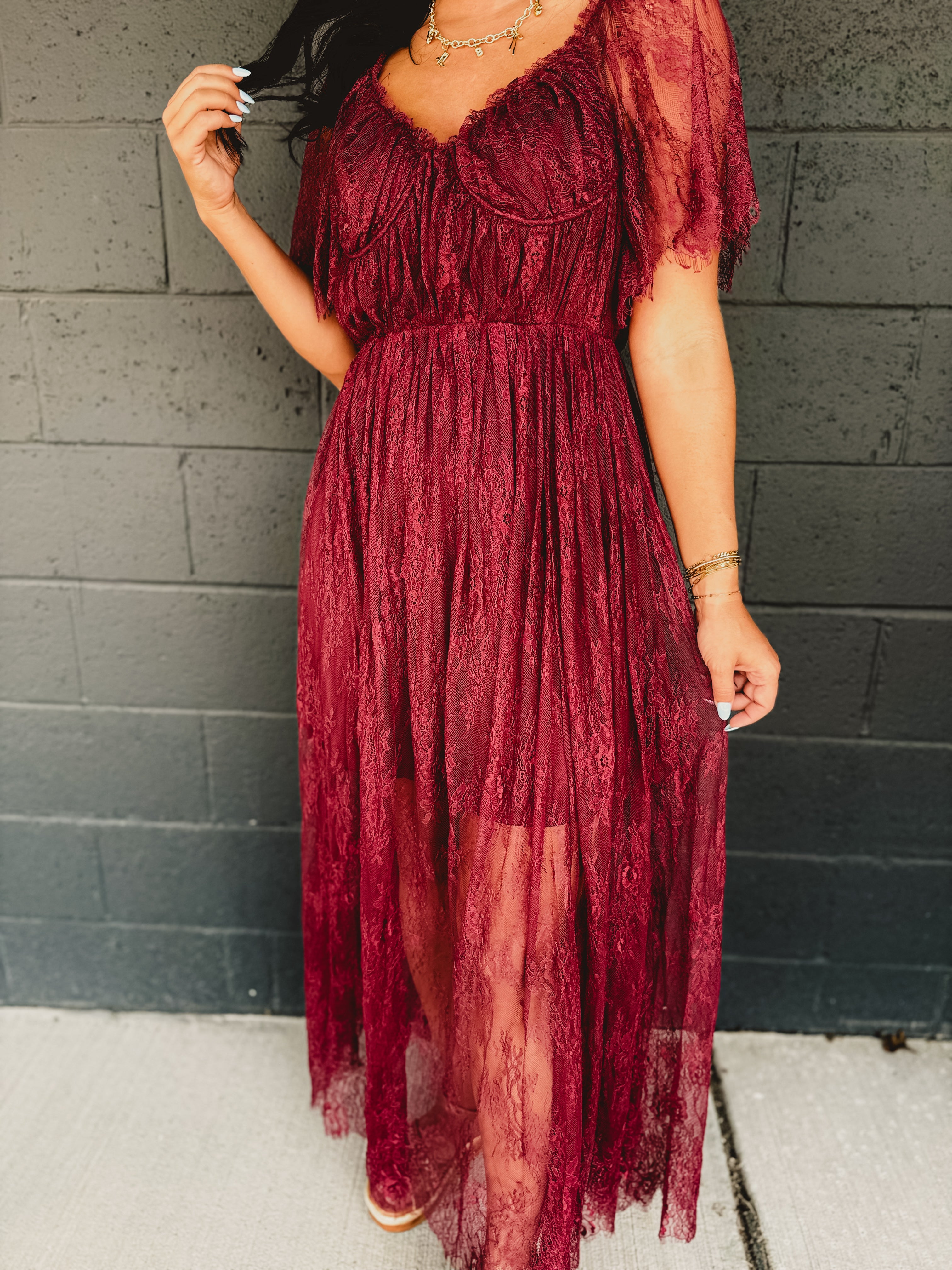Floral Lace Overlay Maxi Dress - Wine