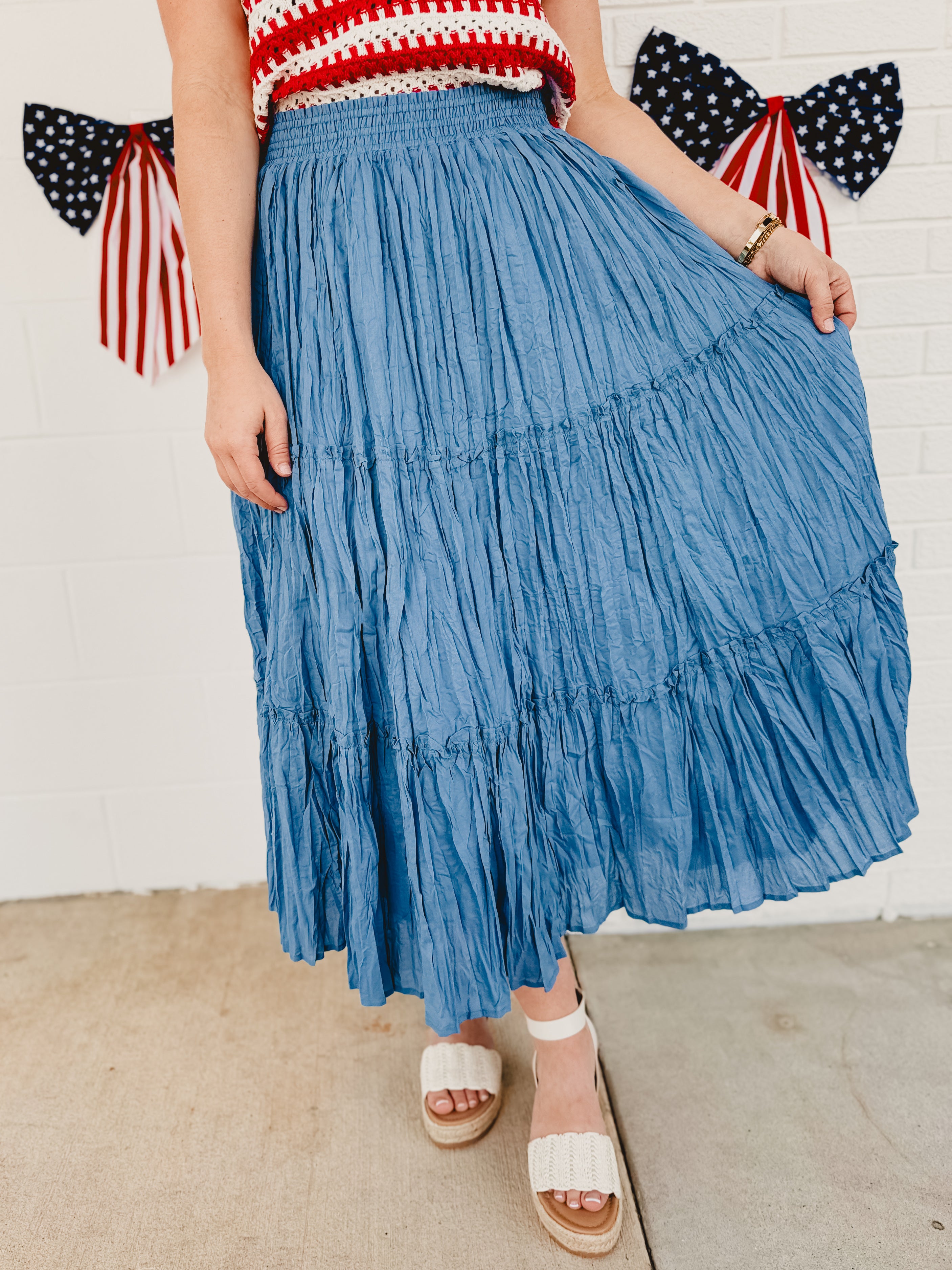 Crinkle Tiered Midi Skirt - Dusty Blue