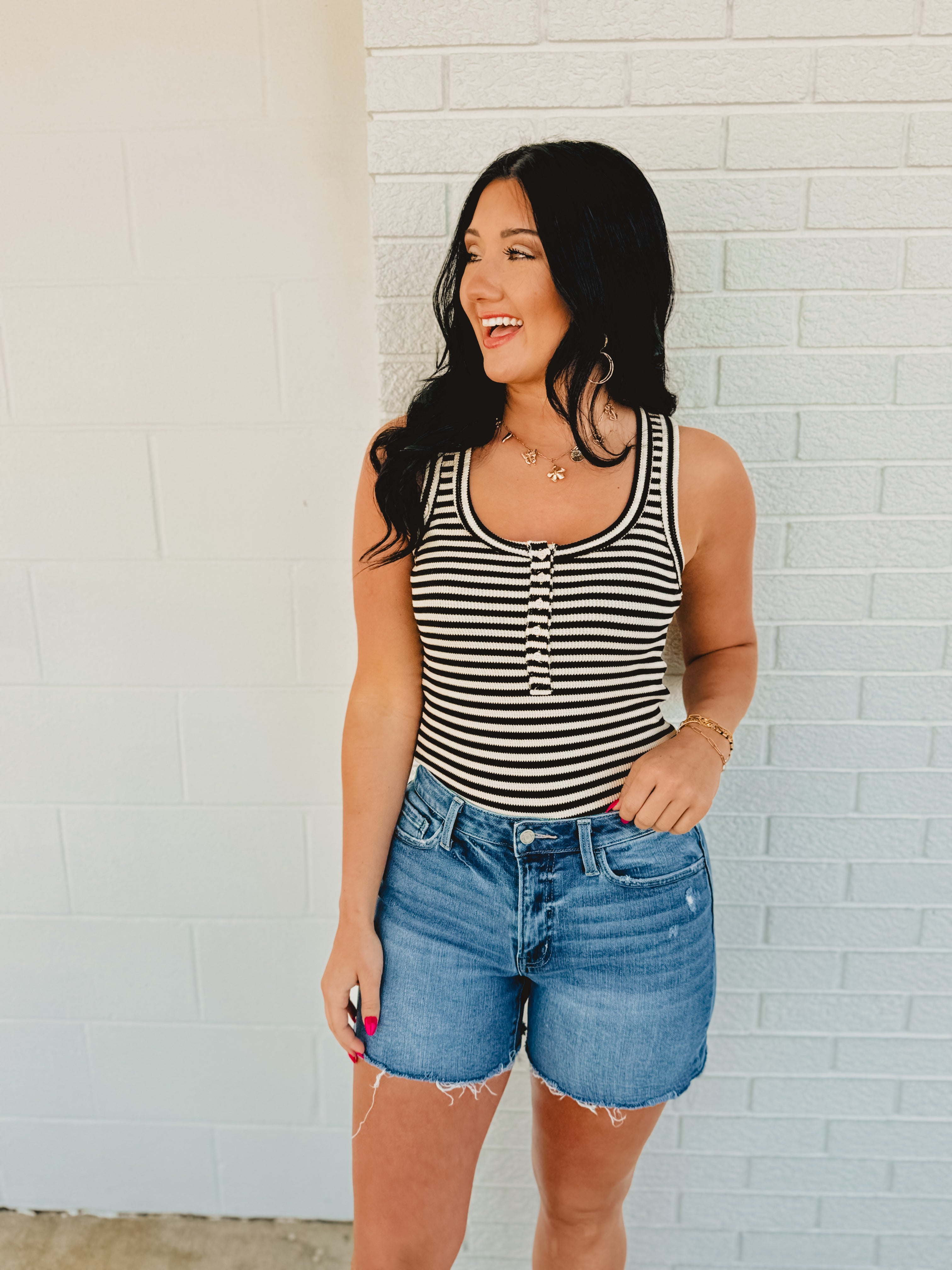 Striped & Solid Button Down Knit Tank Top - Black