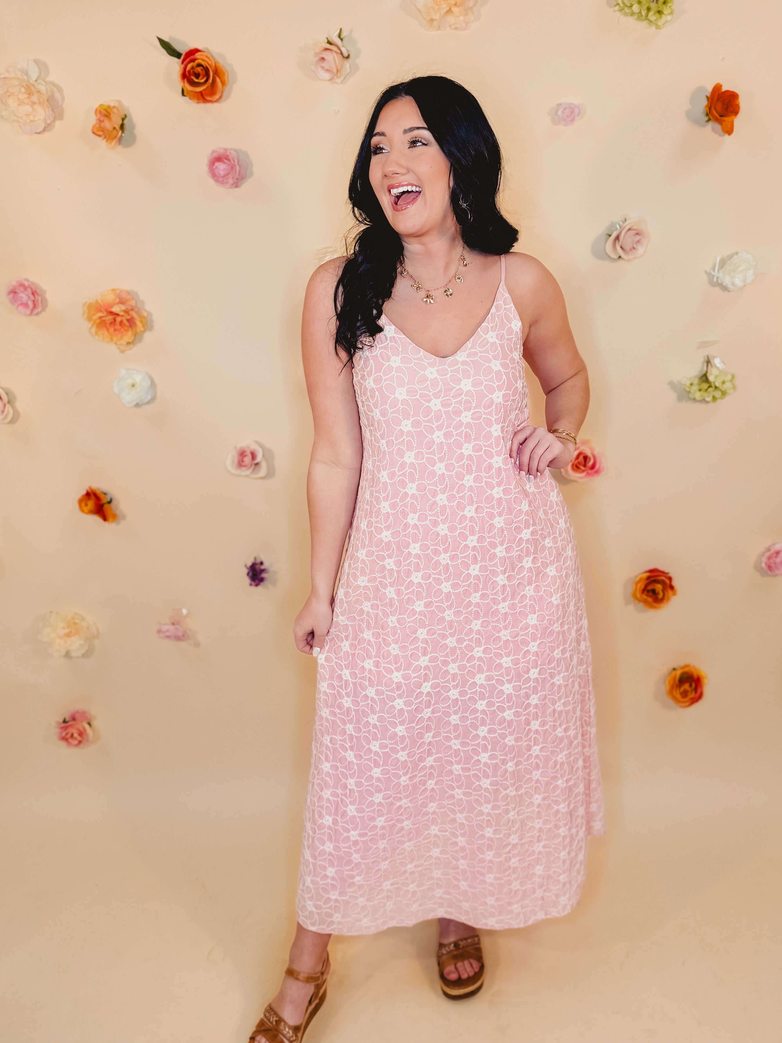 Floral Embroidered V-Neck Dress - Sunset Coral