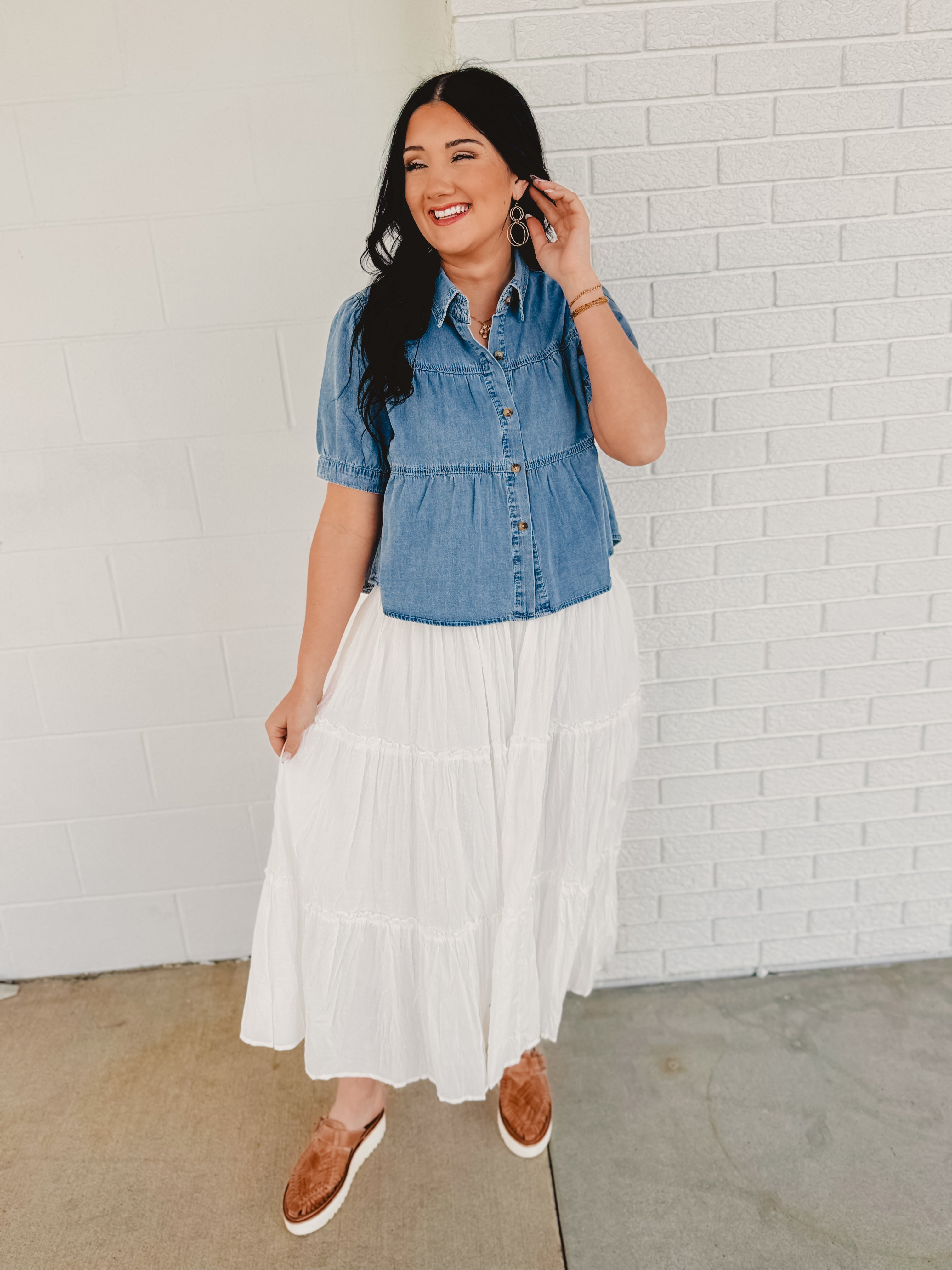 Crinkle Tiered Midi Skirt- White
