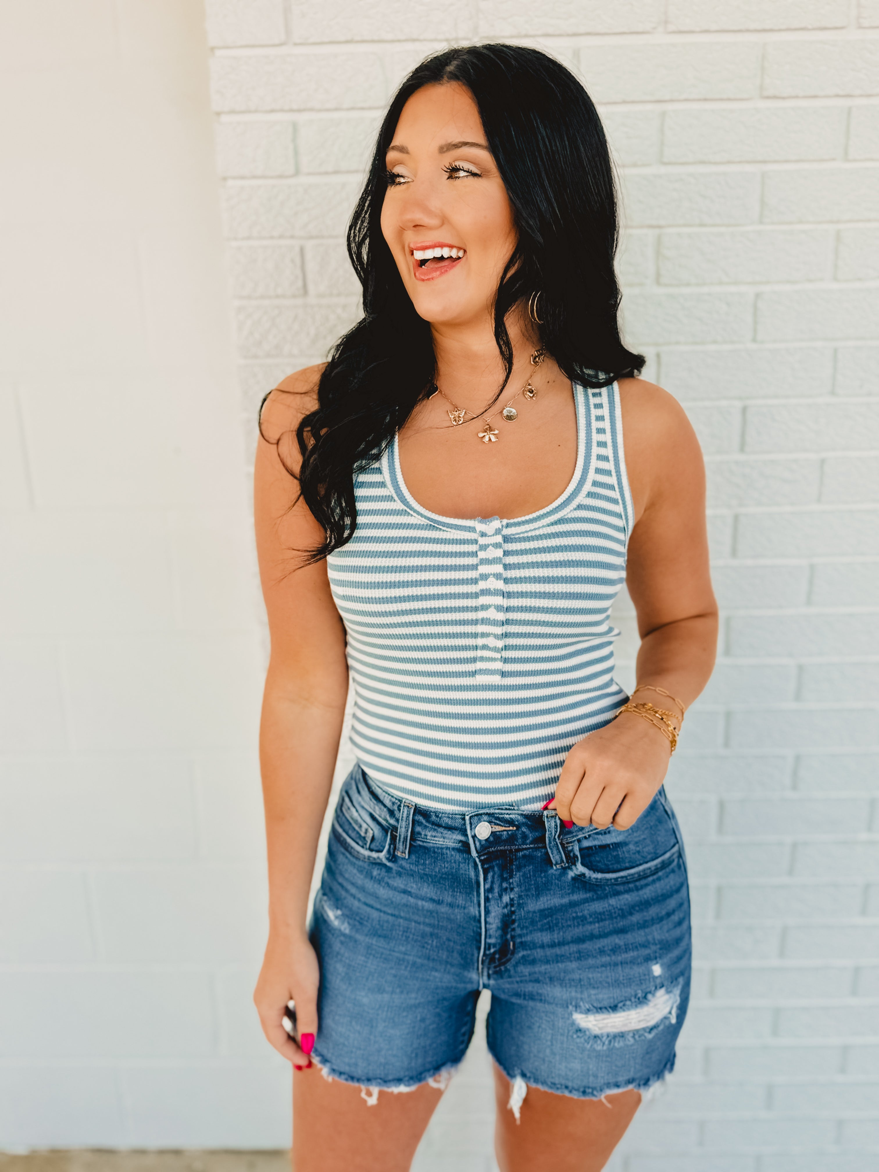 Striped & Solid Button Down Knit Tank Top - Sky