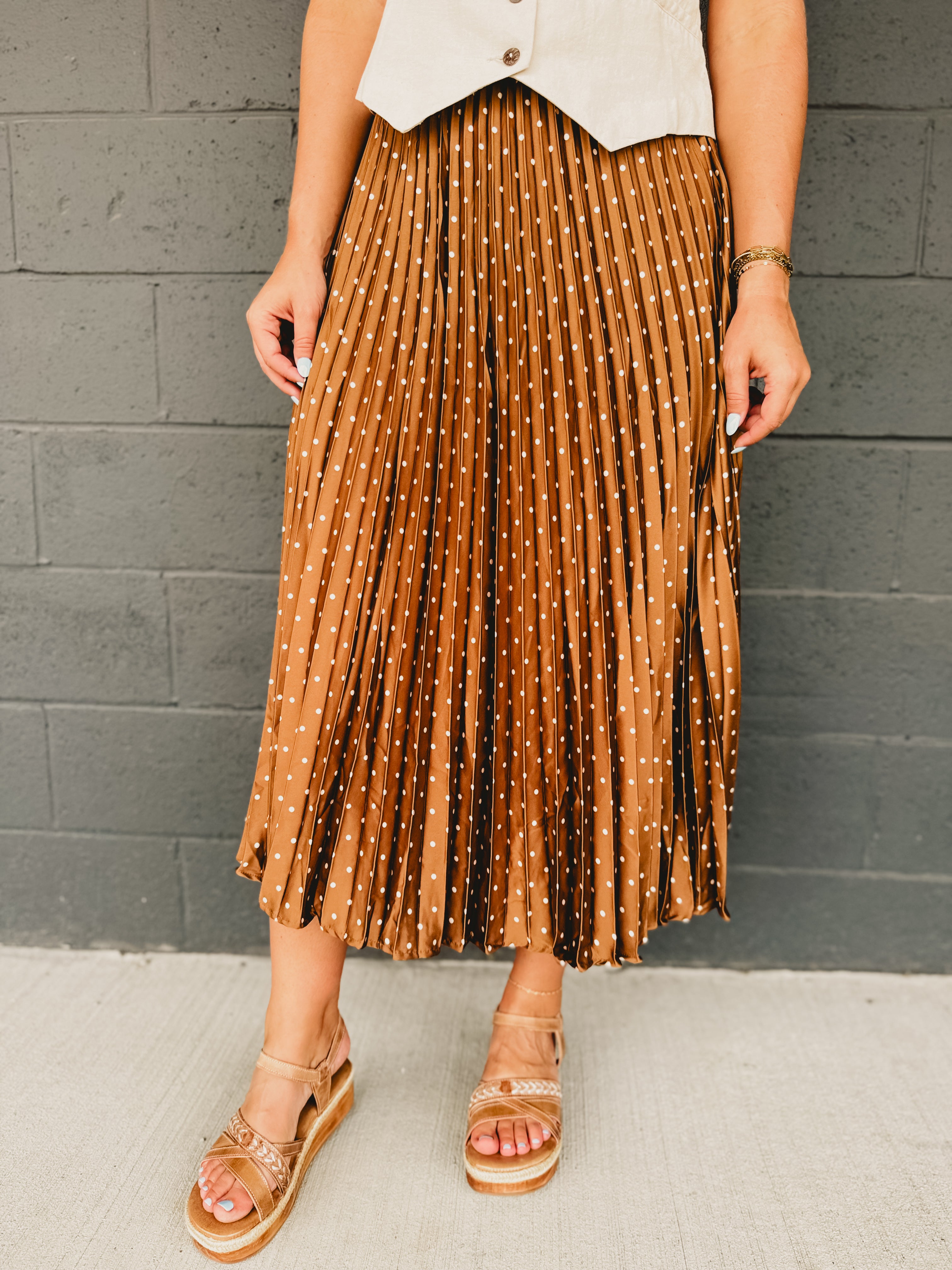 Polka Dot Pleated Skirt - Mocha Mousse