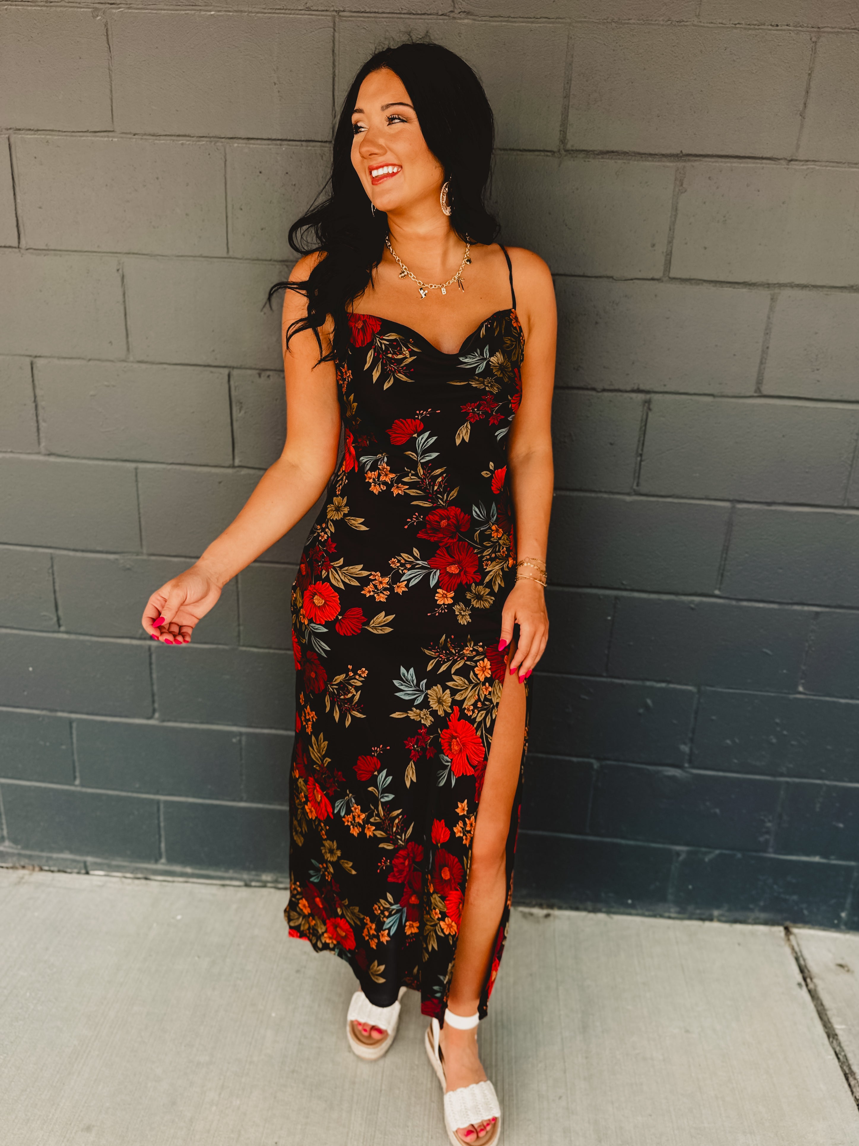 Black Satin Dress - Floral