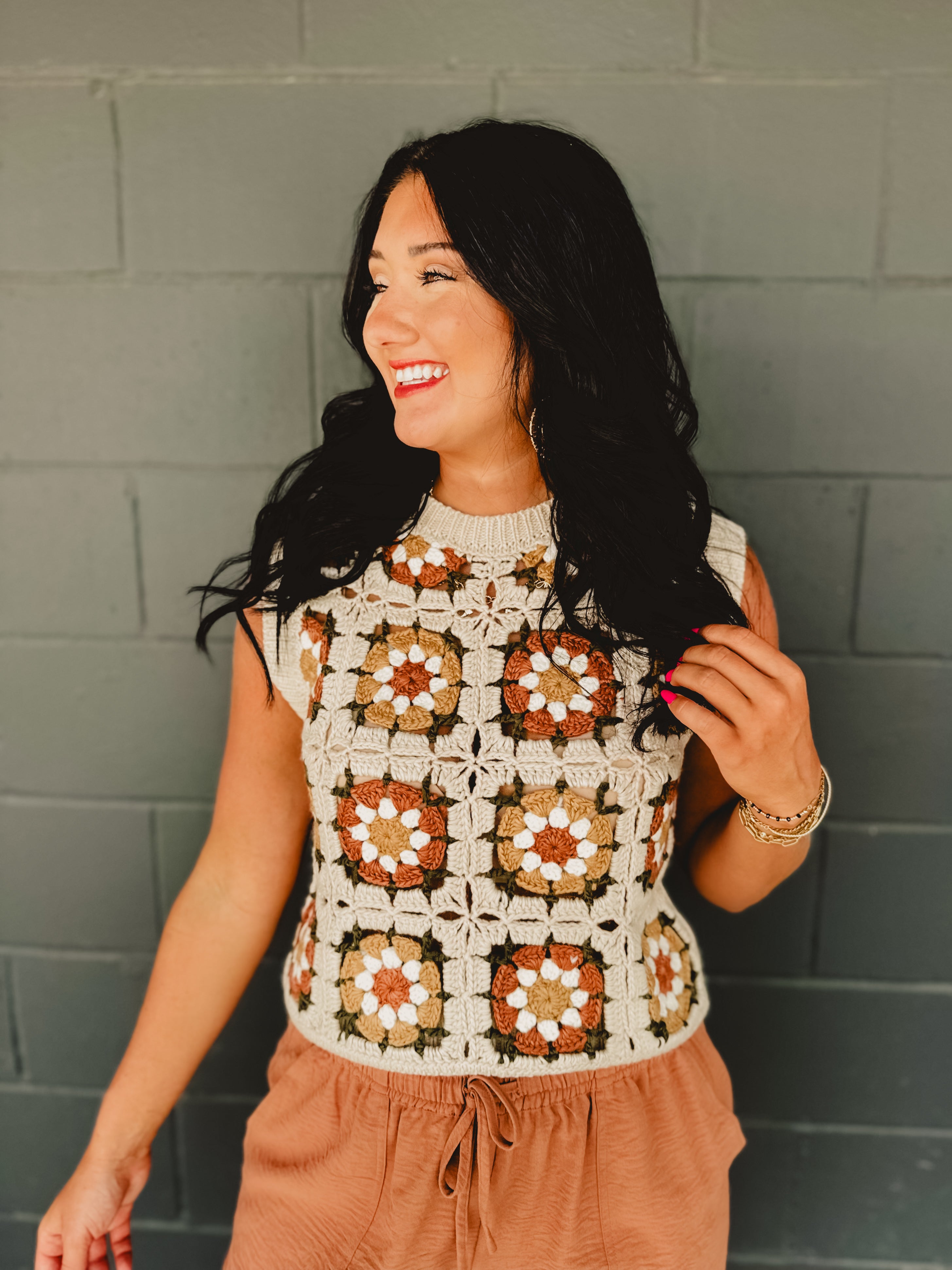 Flower Crochet Sweater Vest - Natural Multi