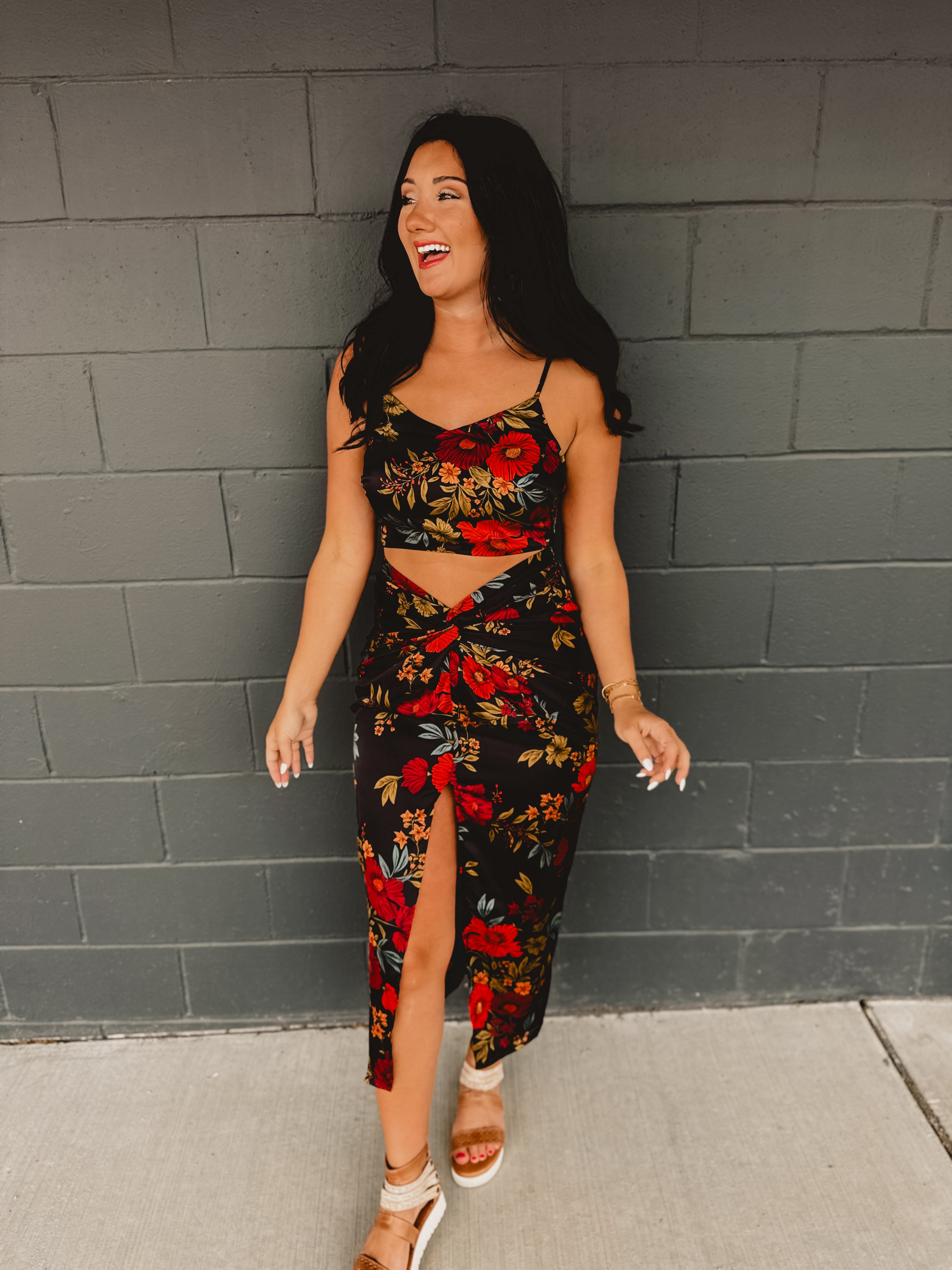 Midnight Floral Satin Two Piece Set - Black
