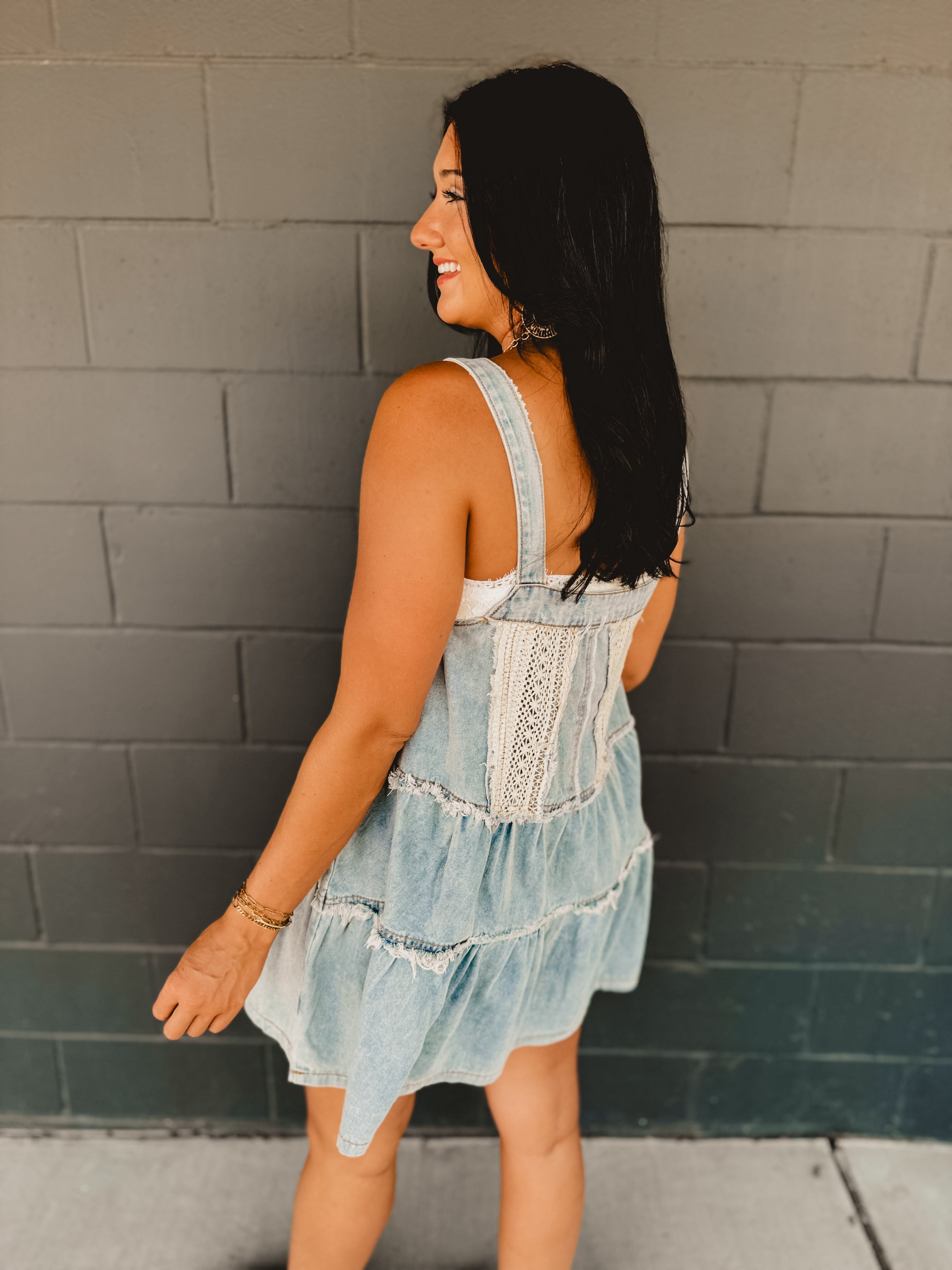 POL Denim Frayed Hem Overall Dress