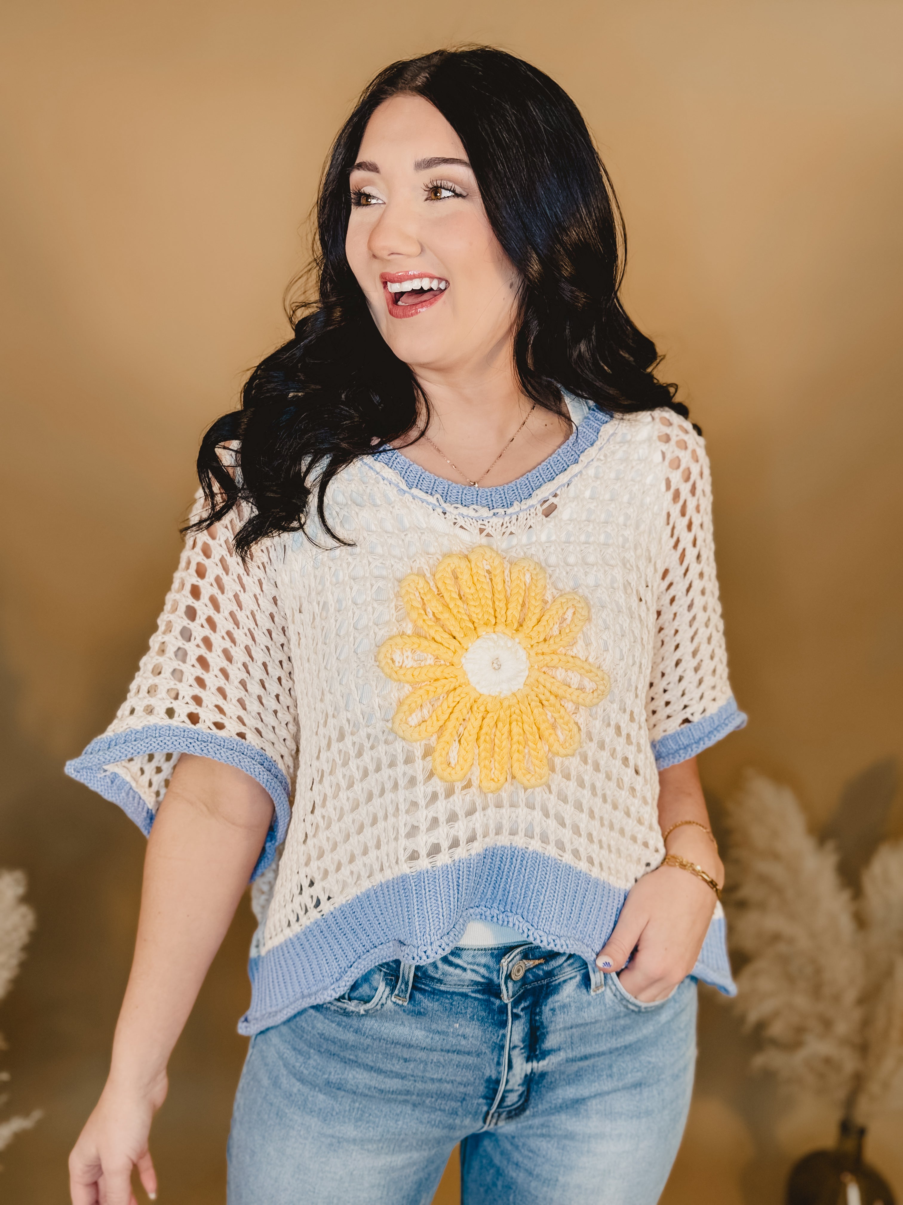Daisy Crochet Knit Sweater - Ivory / Blue