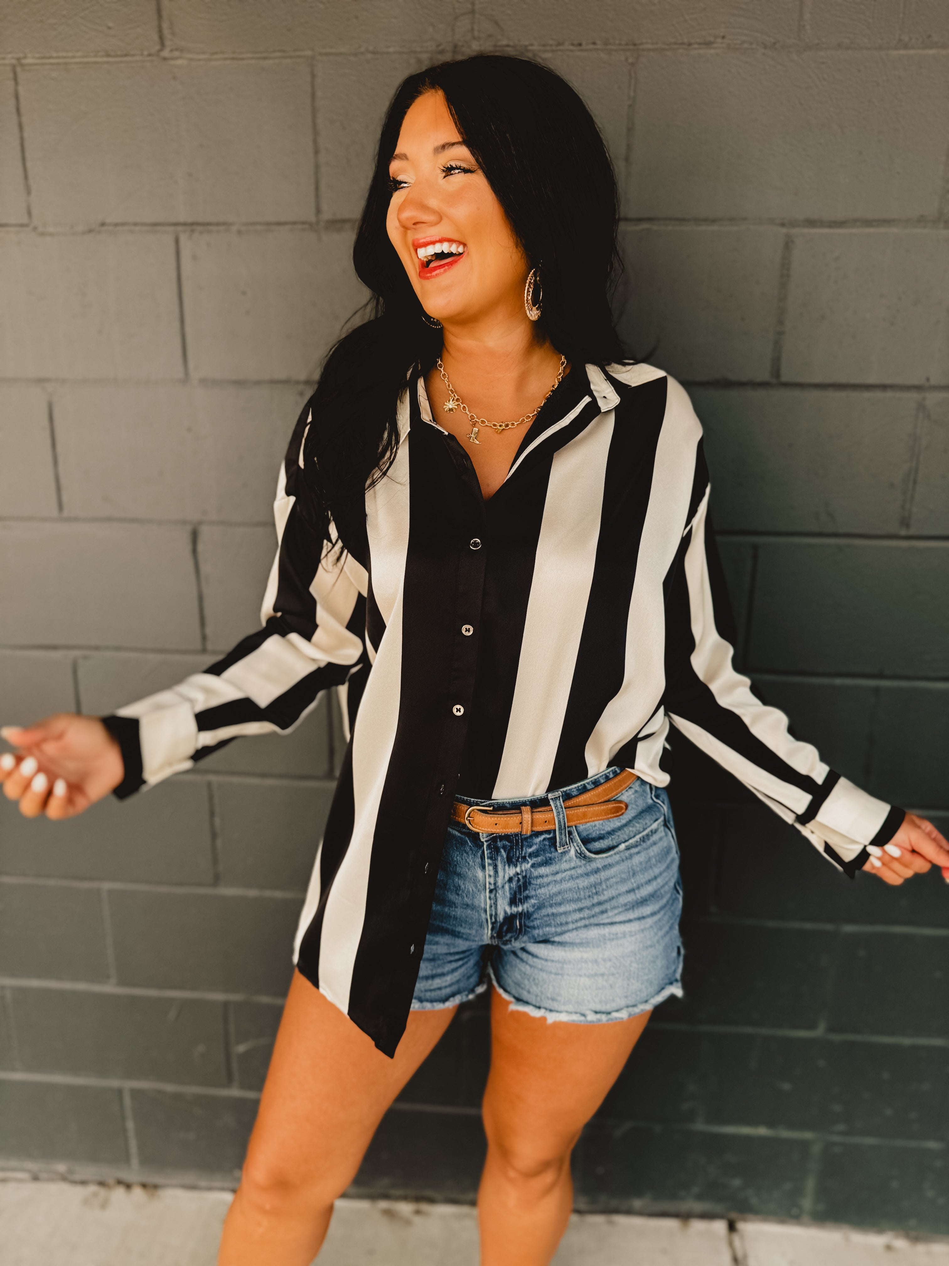 PREORDER Striped Satin Relaxed Fit Blouse - Black/Ivory