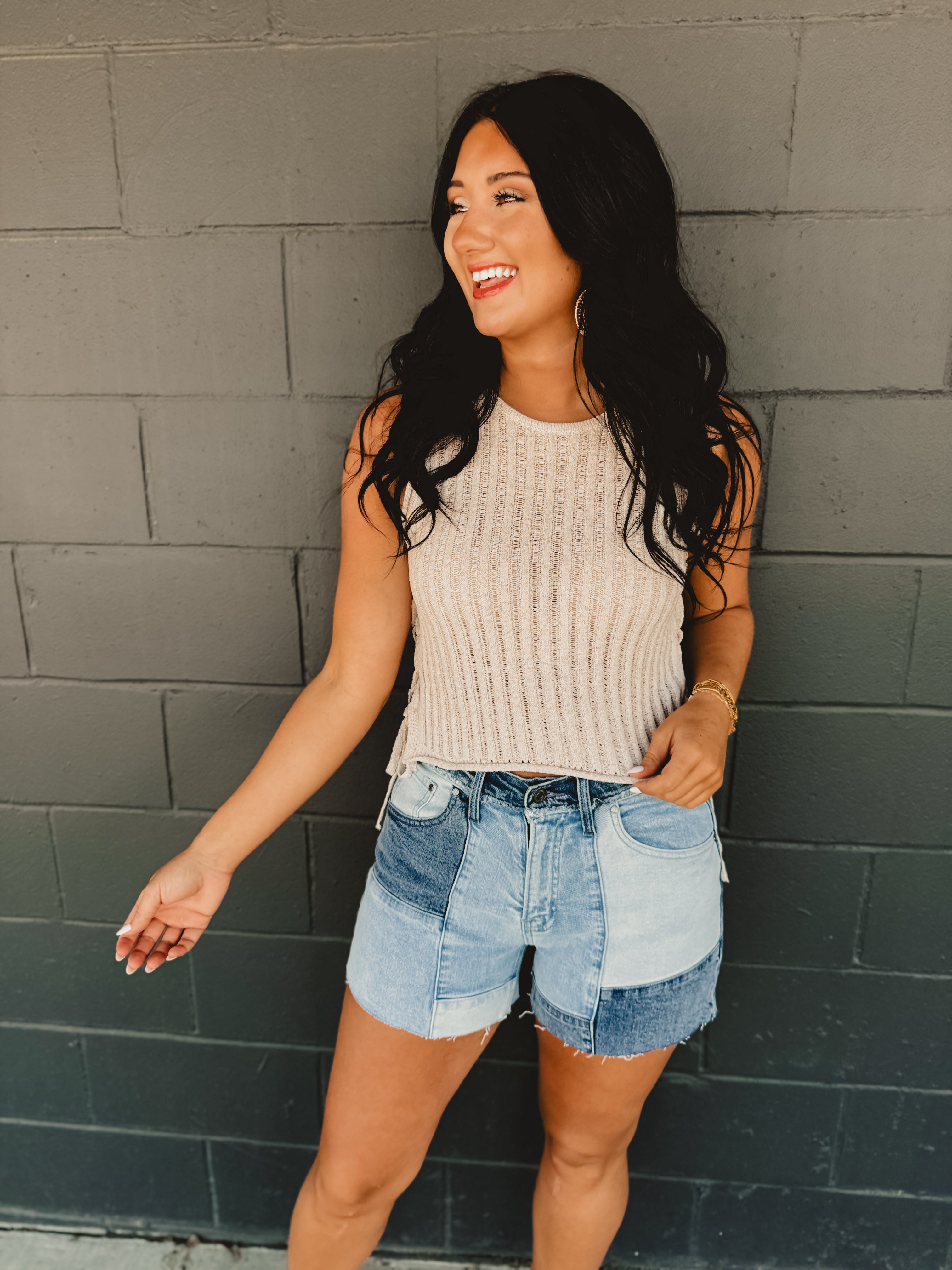 Lightweight Knitted Side Tie Tank Top - Stone