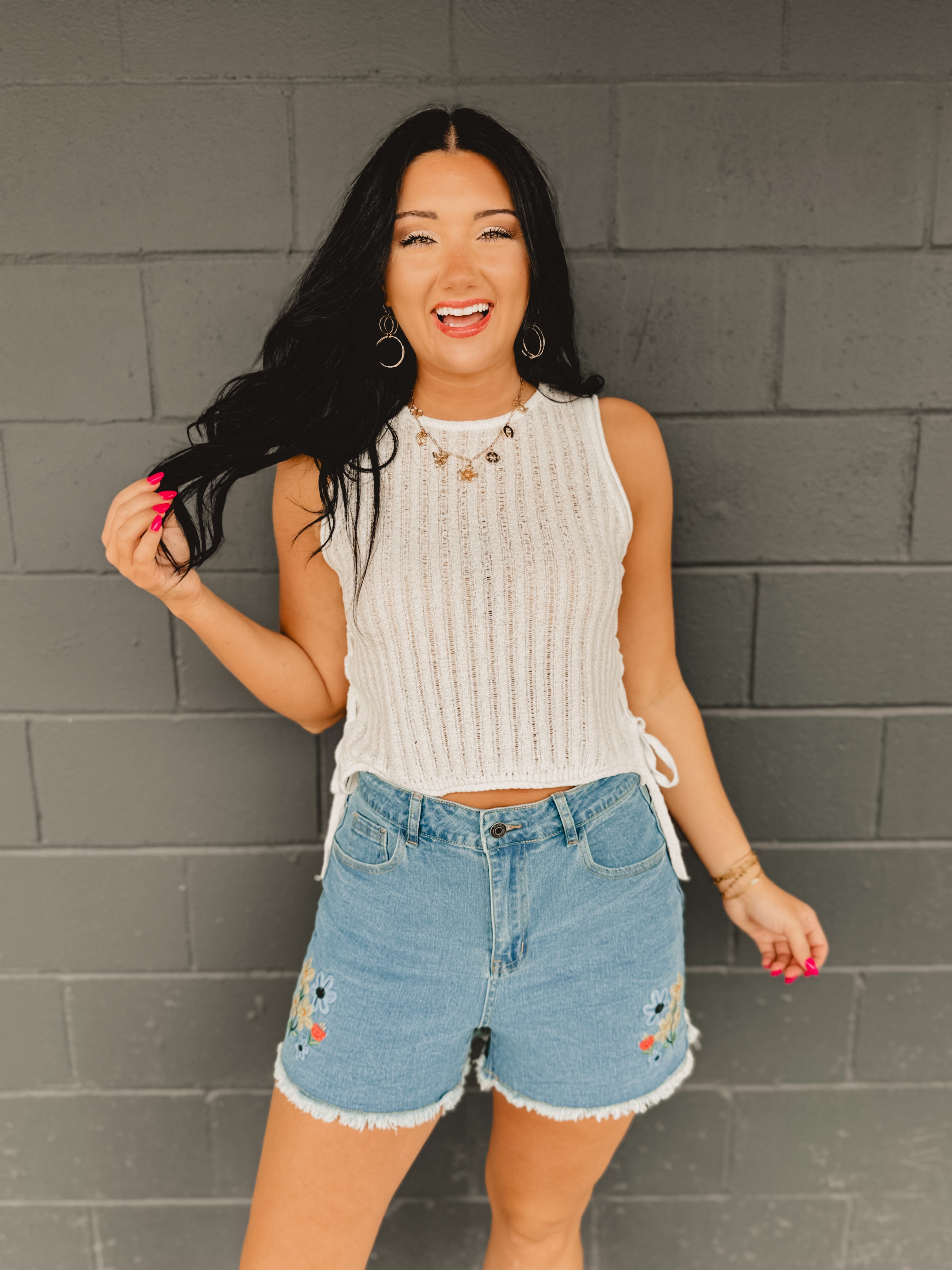 Lightweight Knitted Side Tie Tank Top - Cream