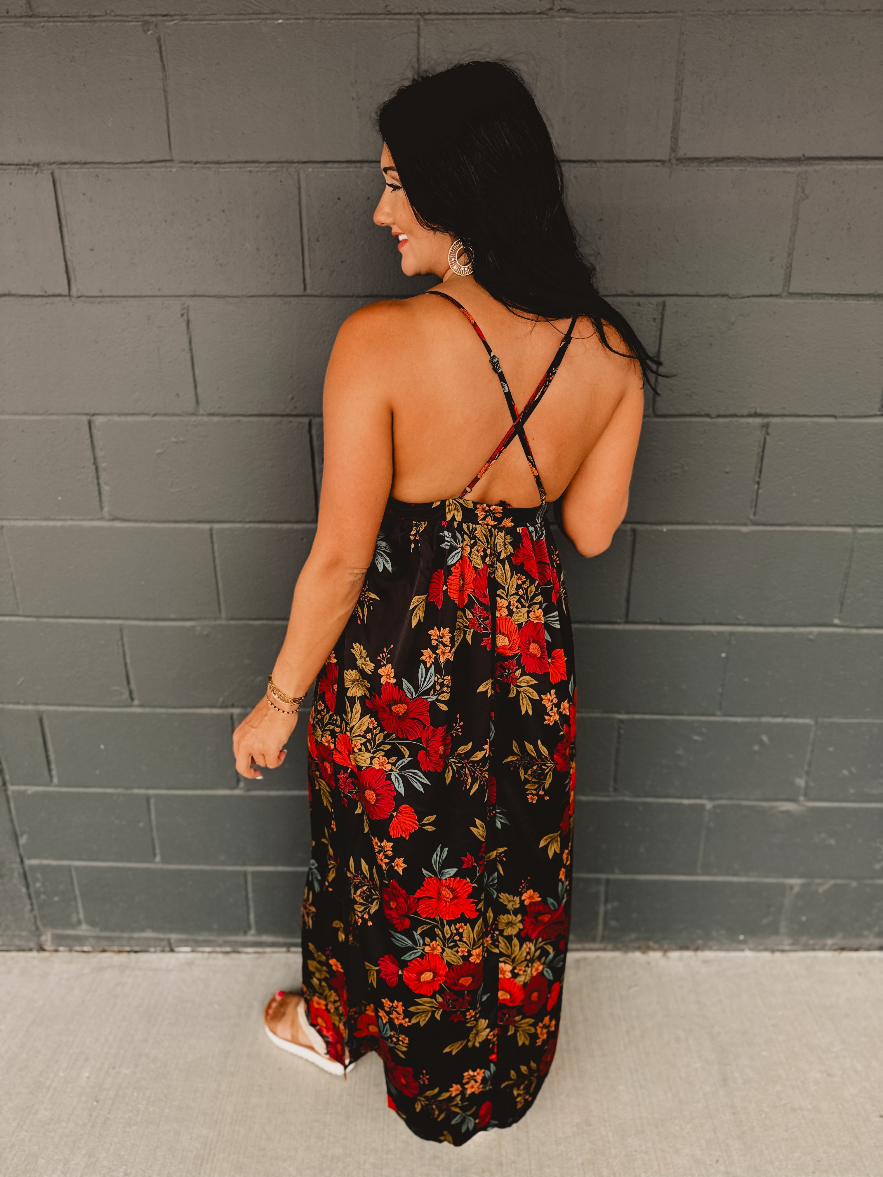 Midnight Floral Strappy Maxi Dress - Black