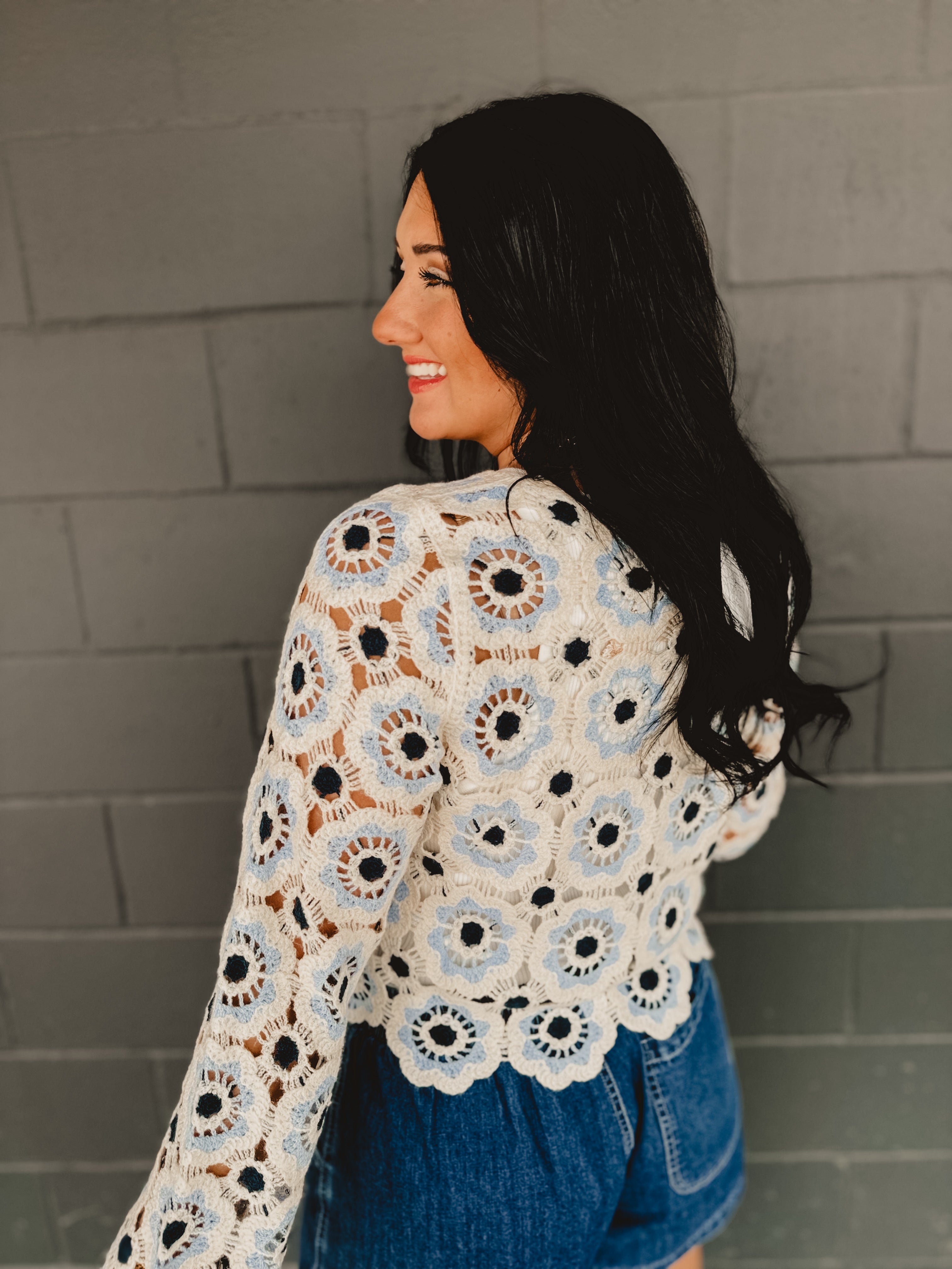 Crochet Flower Knit Long Sleeve Top - Blue Multi