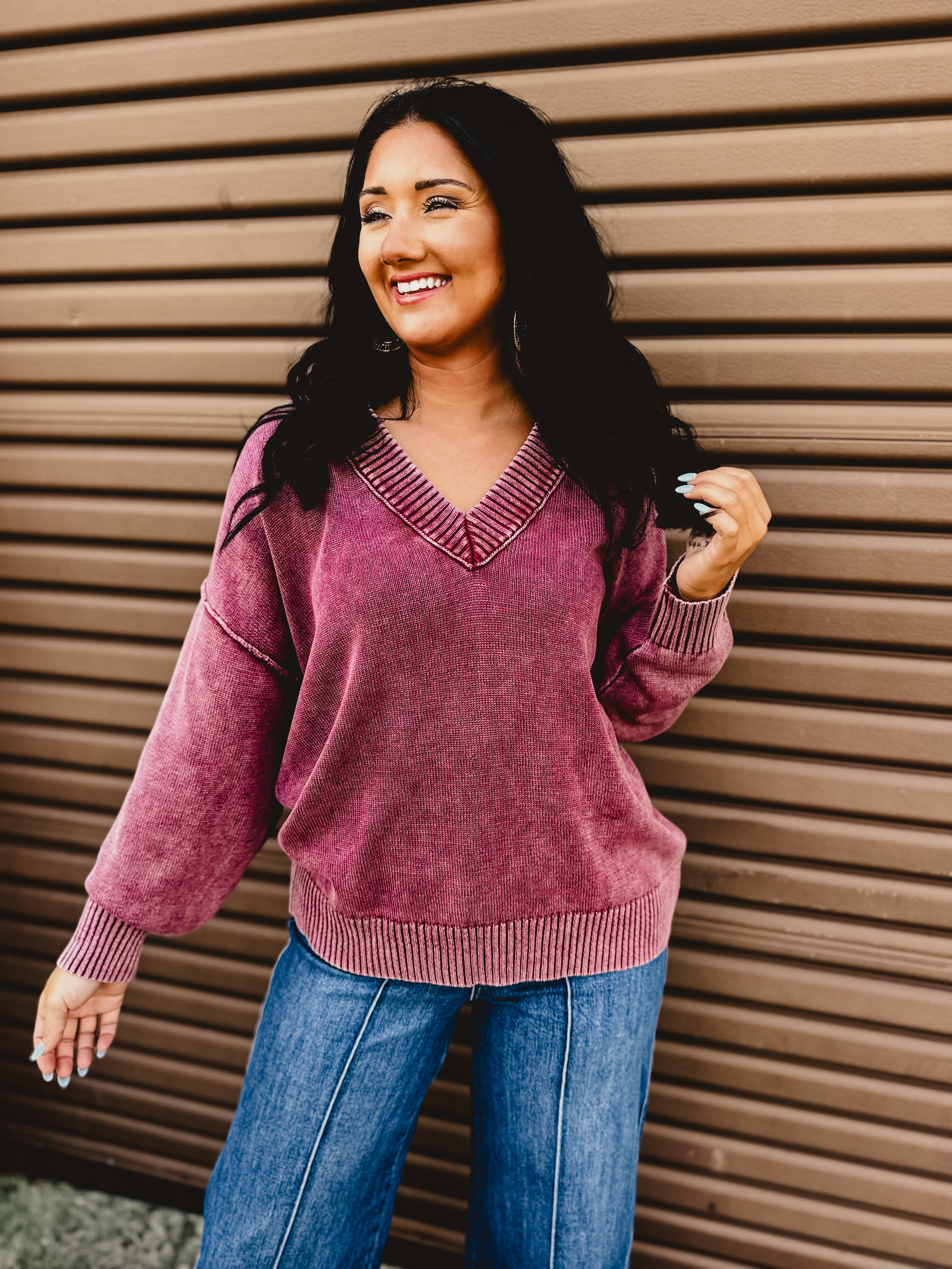 Oversized V-Neck Washed Sweater - Burgundy