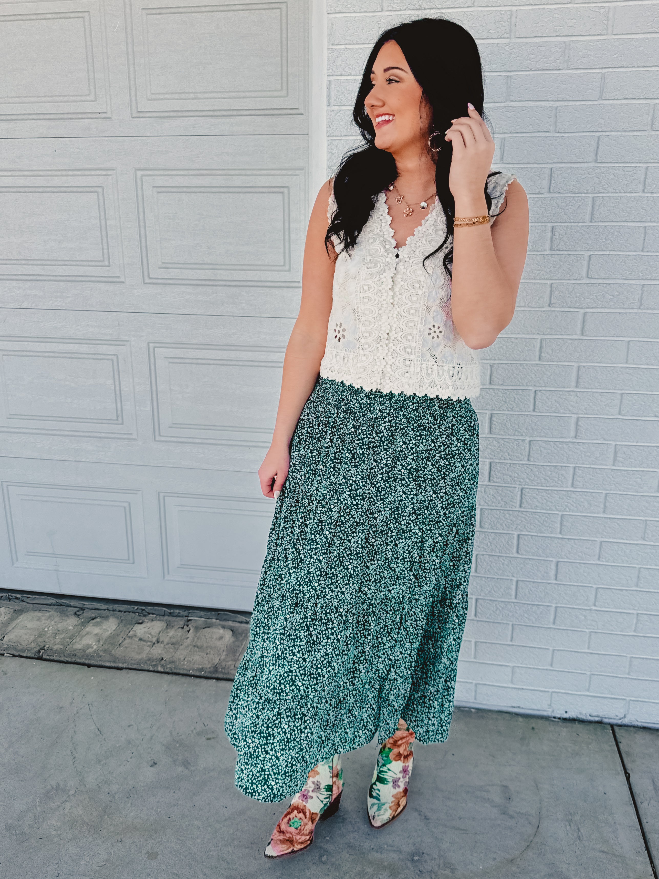 Floral Tiered Midi Skirt with Front Slit - Teal Green