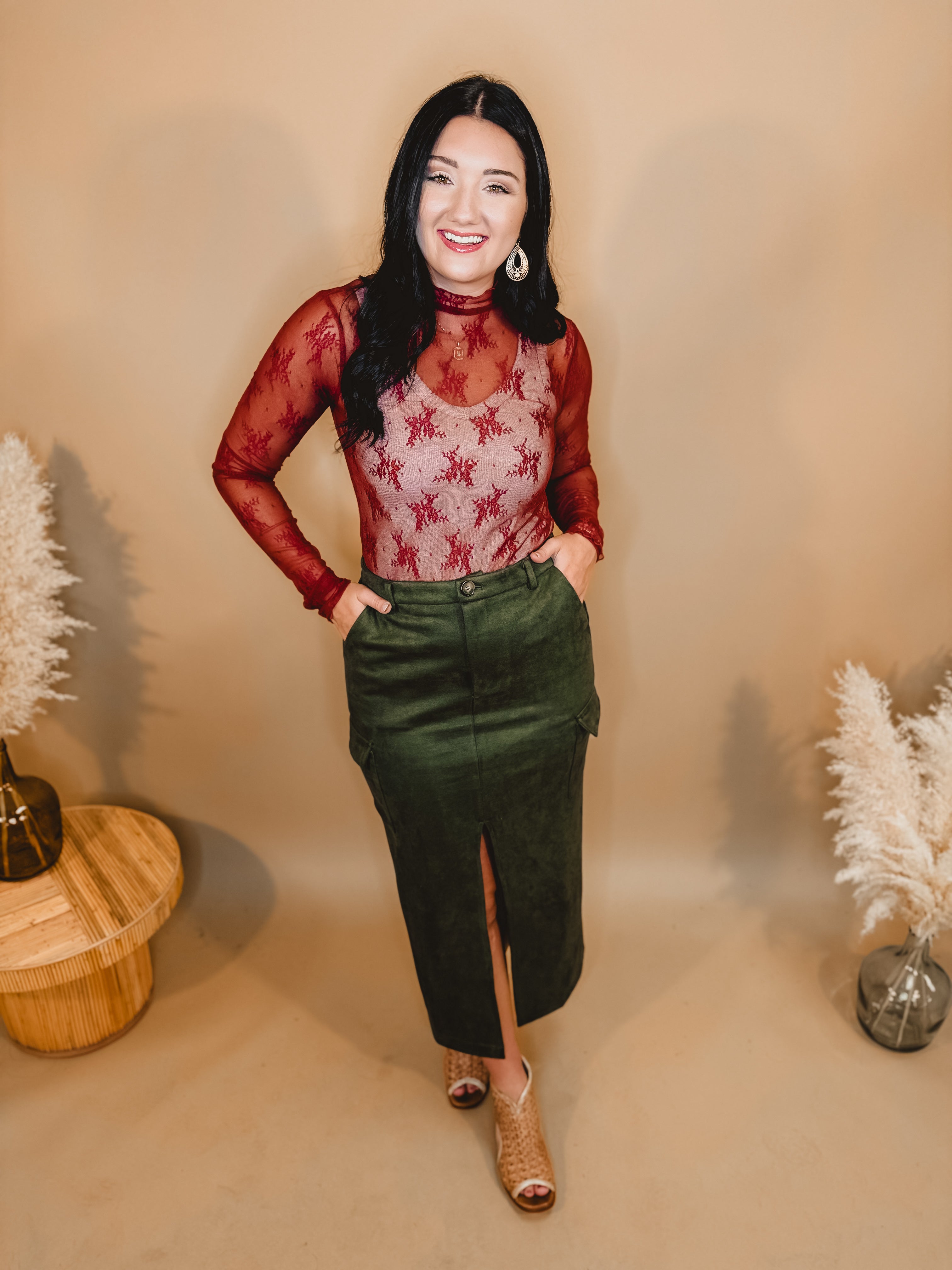 Suede Cargo Midi Skirt With Slit - Olive