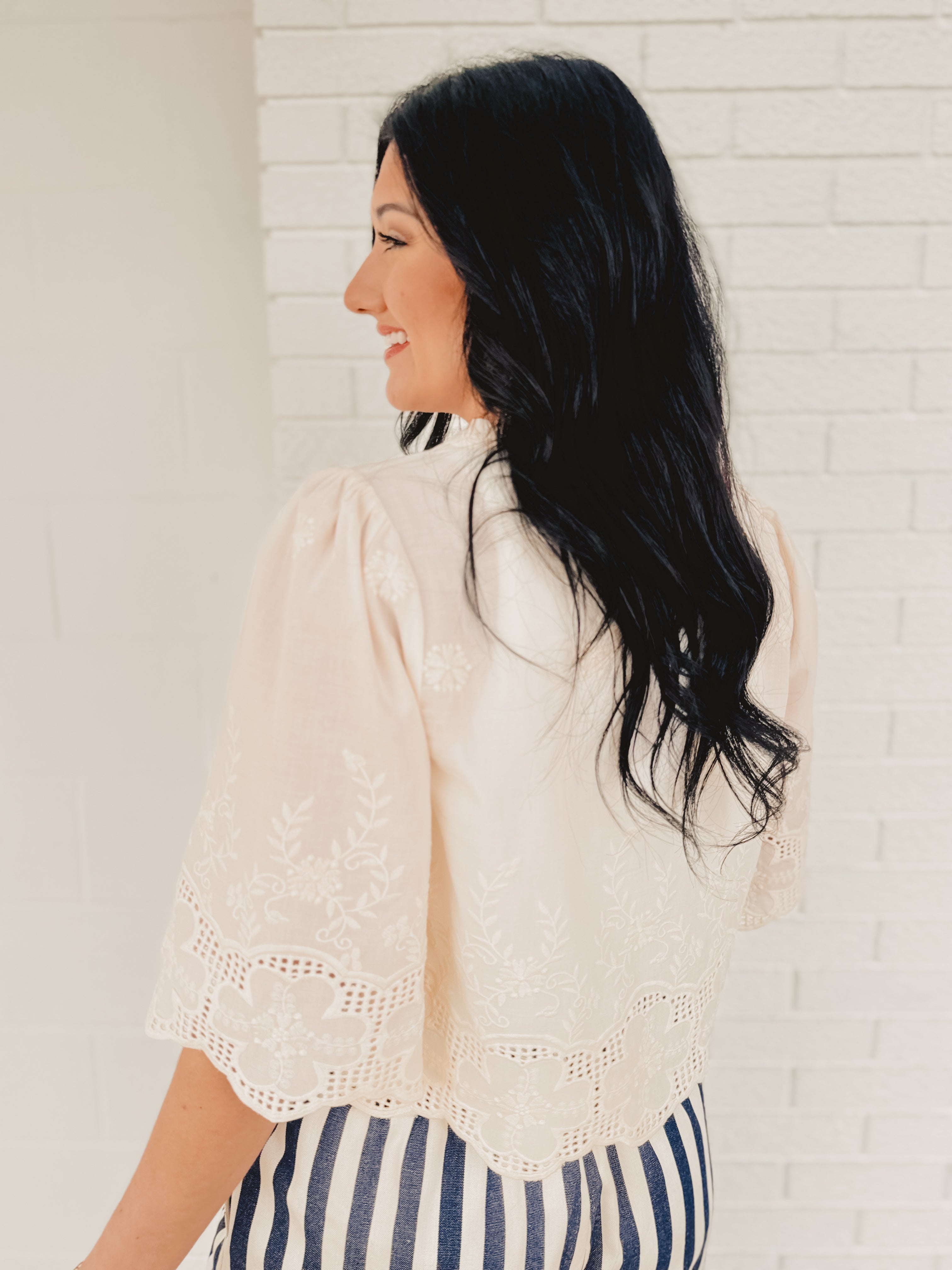 Floral Embroidery Tie Front Blouse - Ivory