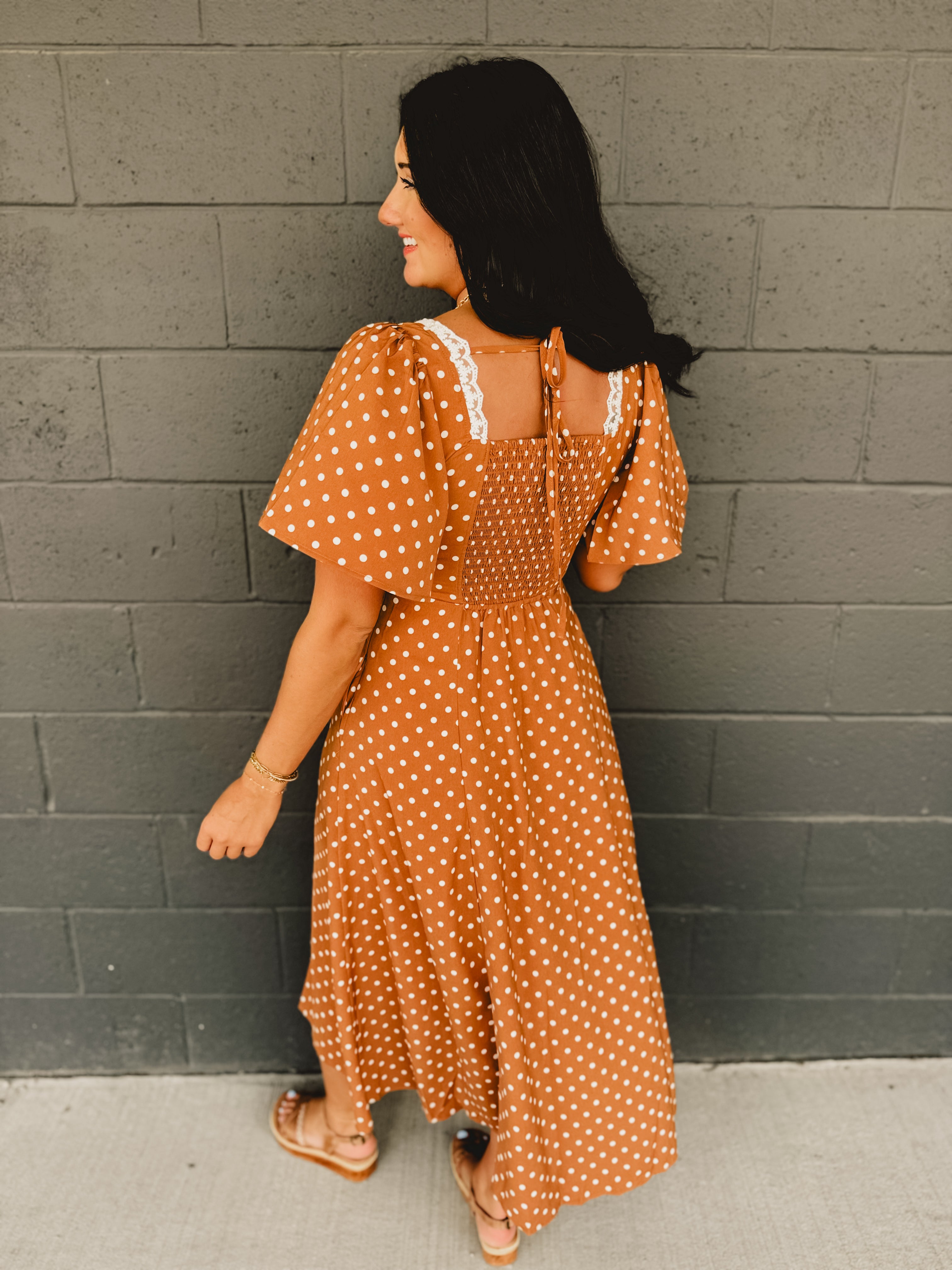 Flutter Sleeve Polka Dot Maxi Dress - Sepia
