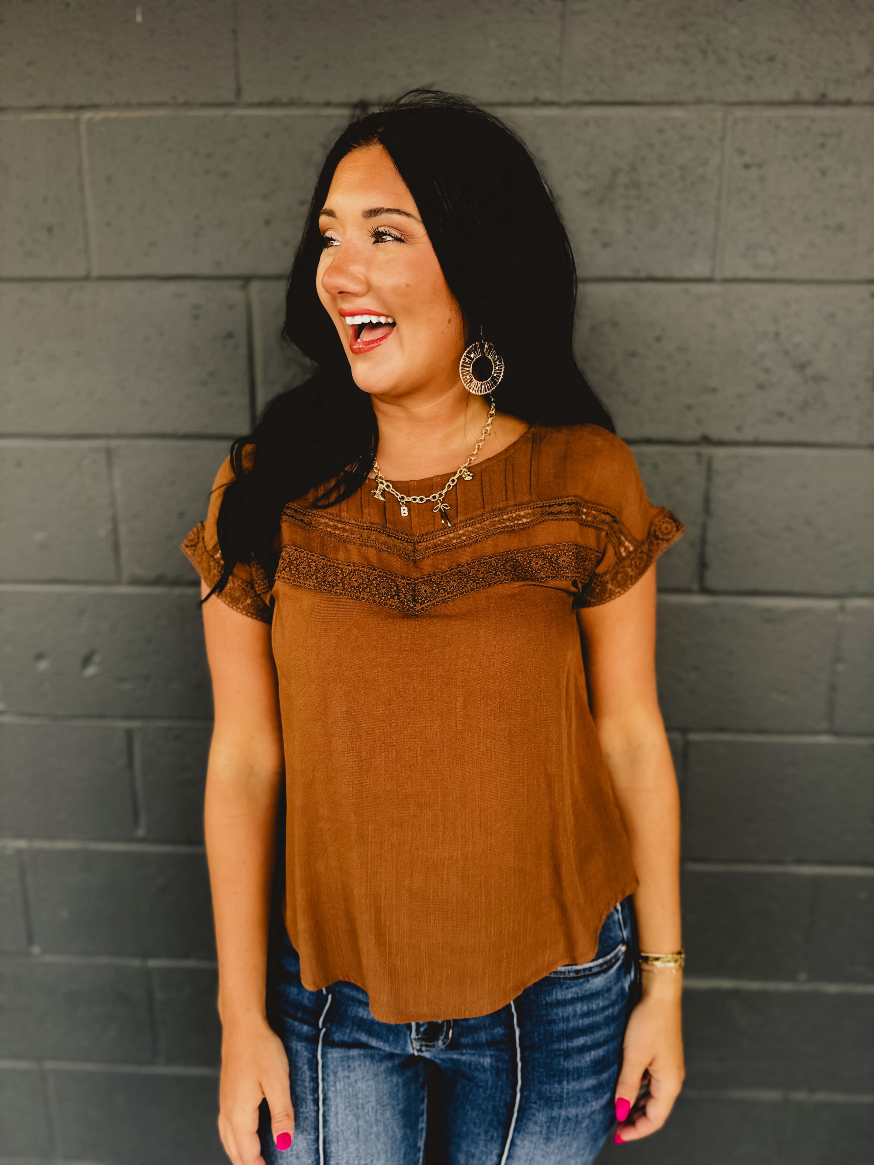 Lace Detail Pleated Top - Brown