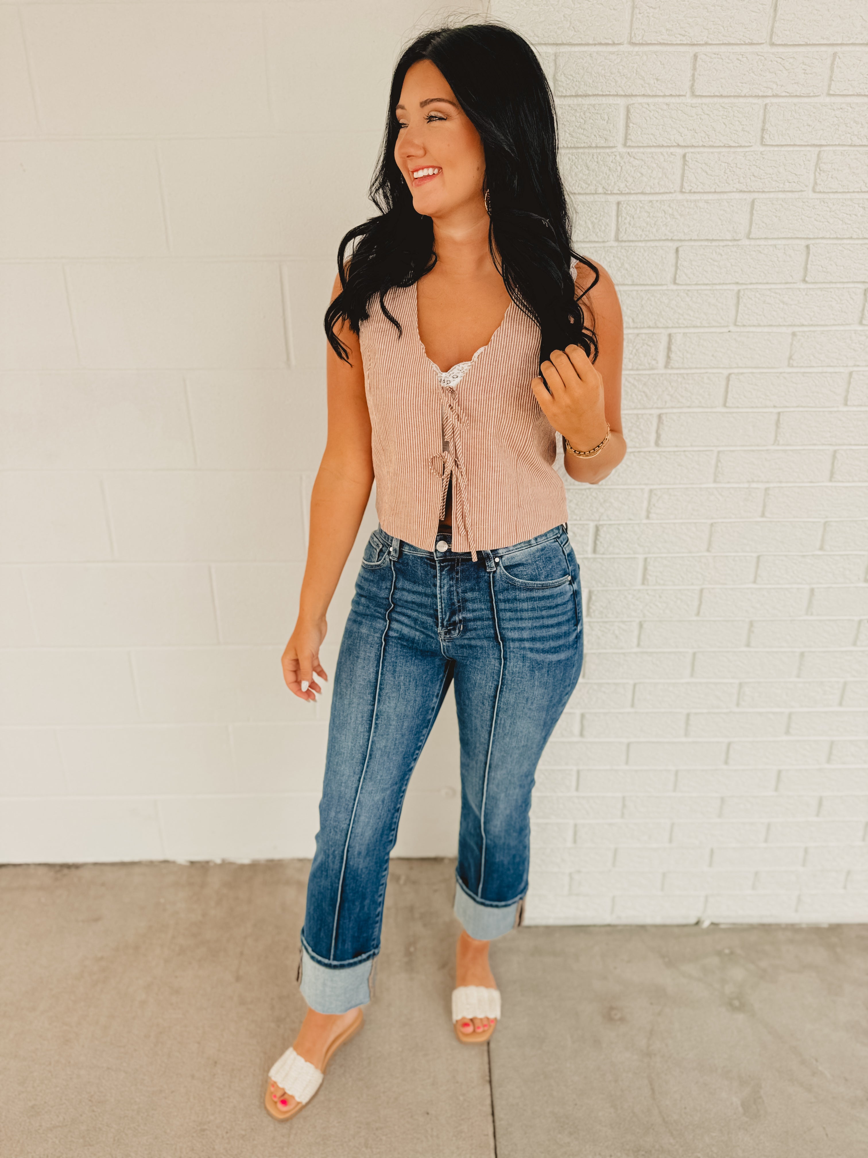 Pinstripe Tie Front Vest - Brick/Ivory